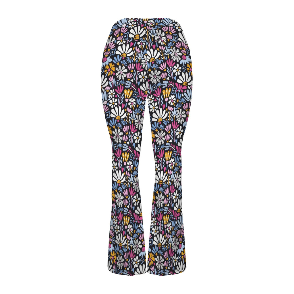 Graphic Flowers On Black High Waist Crossover Tummy Control Flare Leggings High Waist Flare Leggings Plants Printed Offshore