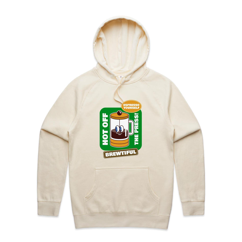 Brewtiful, Coffee Press - Mens Hoodie Ecru Mens Hoodie Coffee Printed In Australia