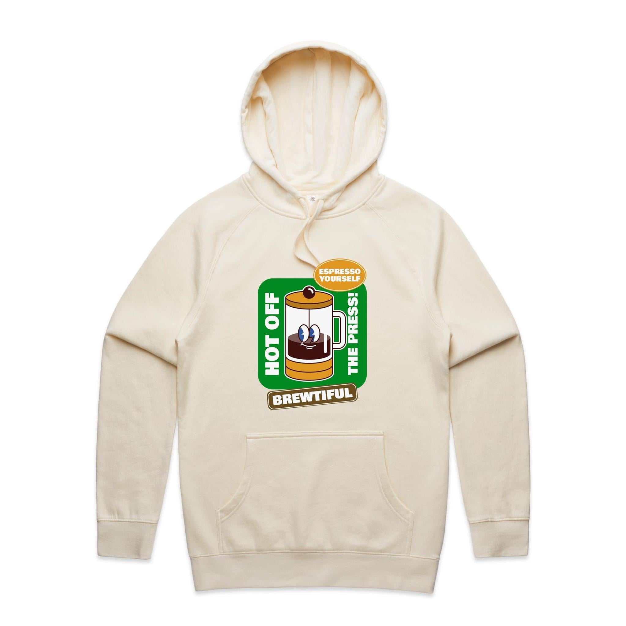 Brewtiful, Coffee Press - Mens Hoodie Ecru Mens Hoodie Coffee Printed In Australia