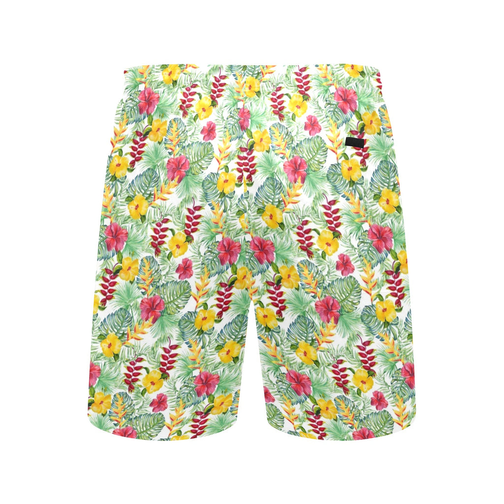 Tropical Flowers On White Men's Mid-Length Beach Shorts Men's Mid-Length Beach Shorts Plants Printed Offshore