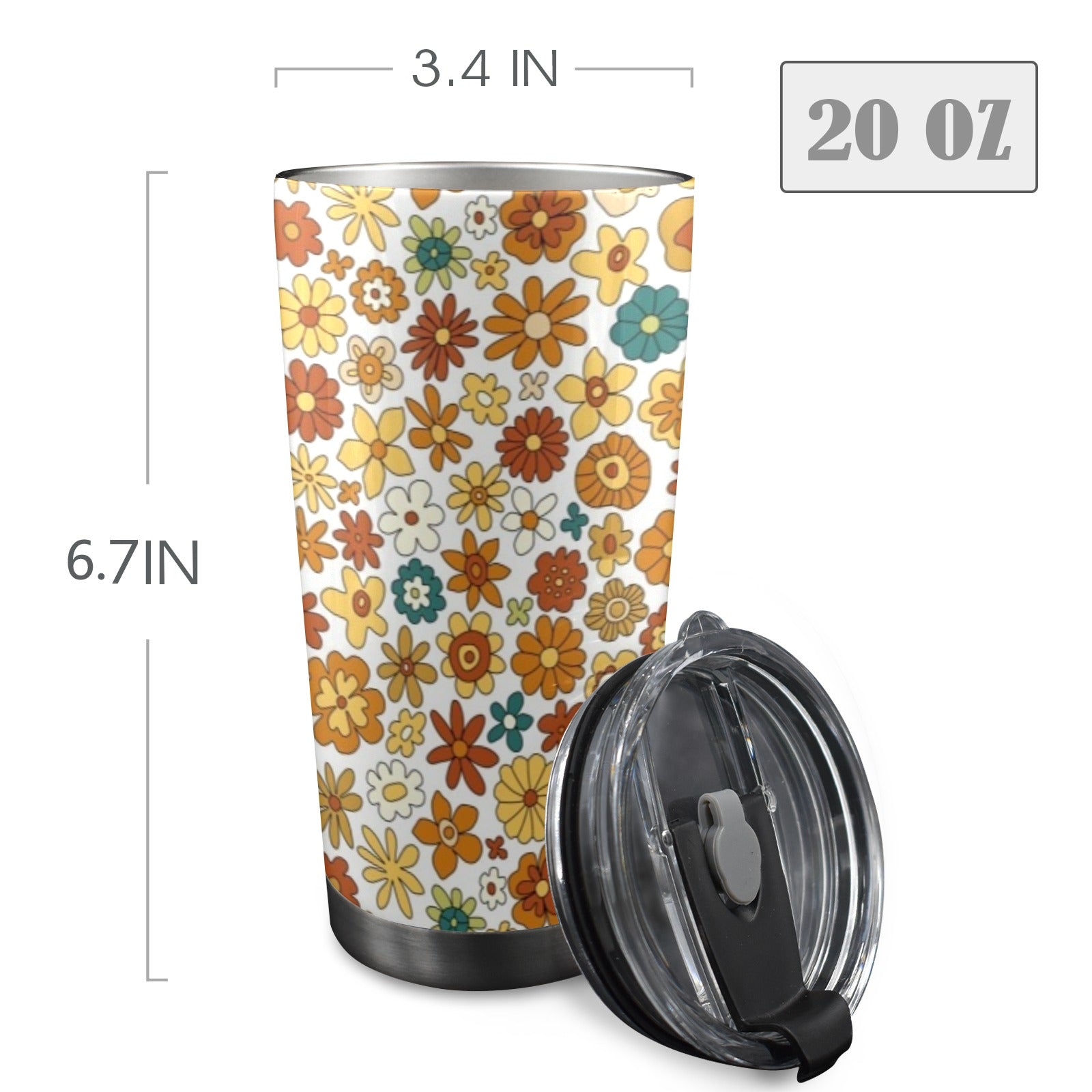 70's Style Floral 20oz Mobile Tumbler with Lid (Black Lock) 20oz Travel Mug Plants Printed Offshore