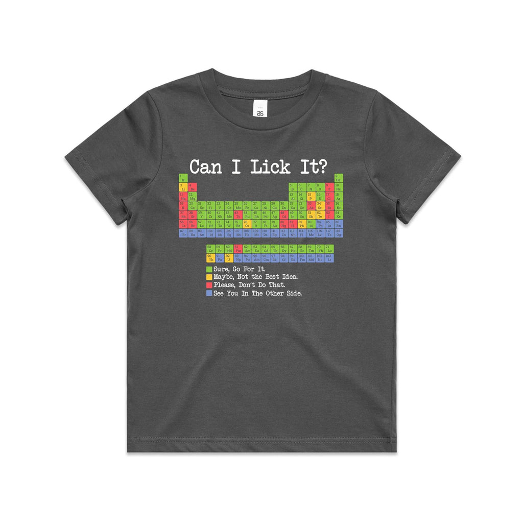Periodic Table, Can I Lick It Kid's AS Colour T-shirt Charcoal Kids Youth T-shirt Printed In Australia Science