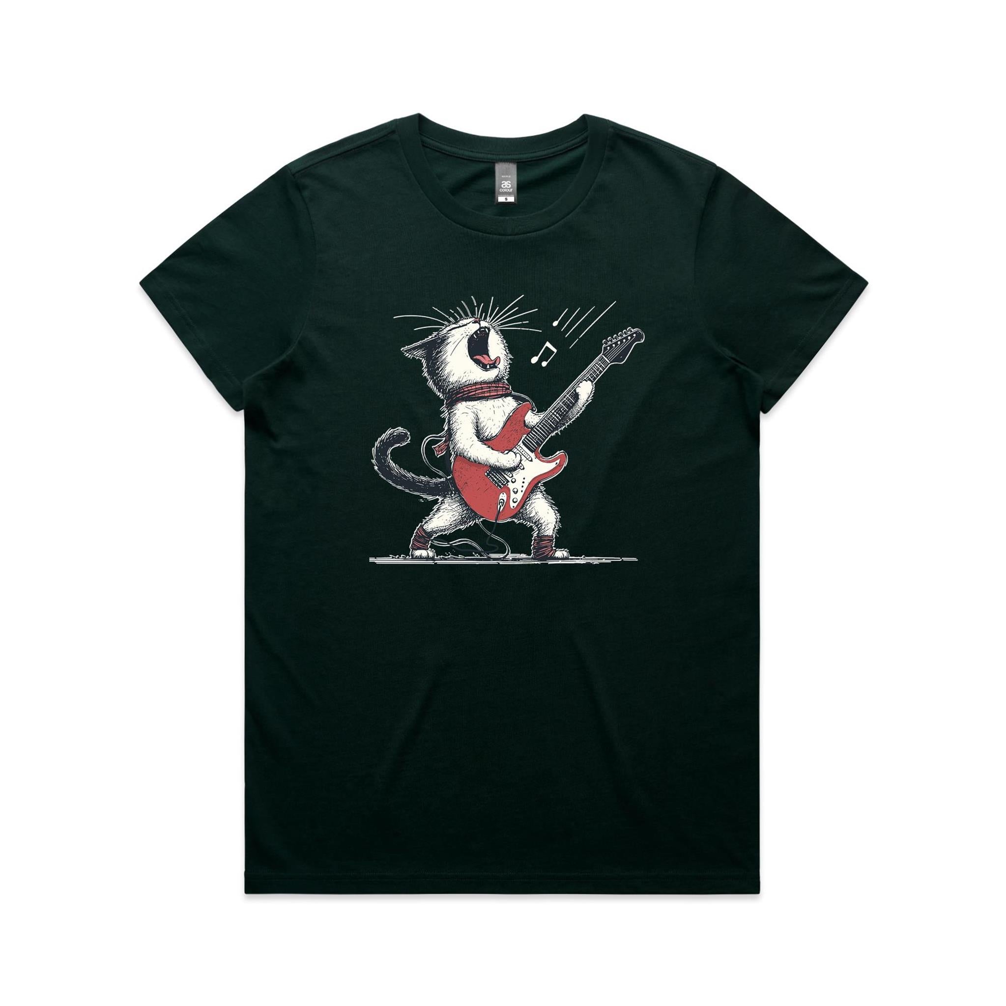 Cat Playing Guitar Women's AS Colour T-shirt Pine Green Womens T-shirt animal Music Printed In Australia