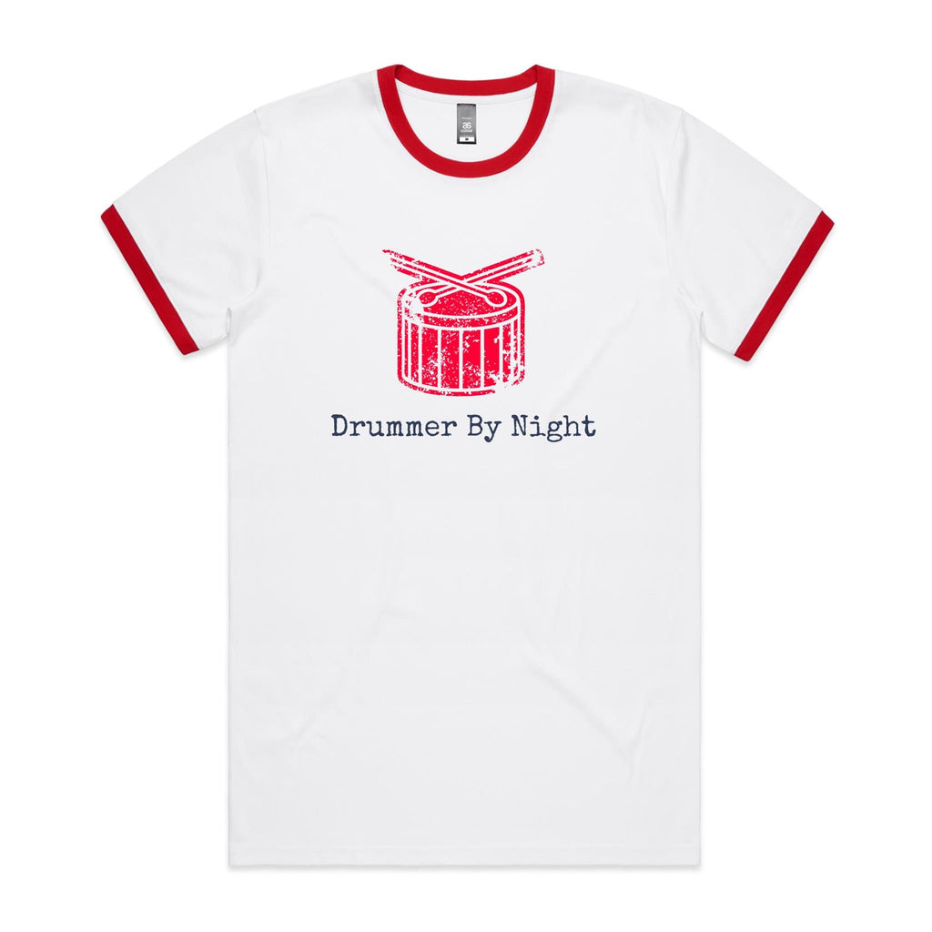 Drummer By Night - Staple Ringer Tee White Red Ringer T-Shirt Music Printed In Australia