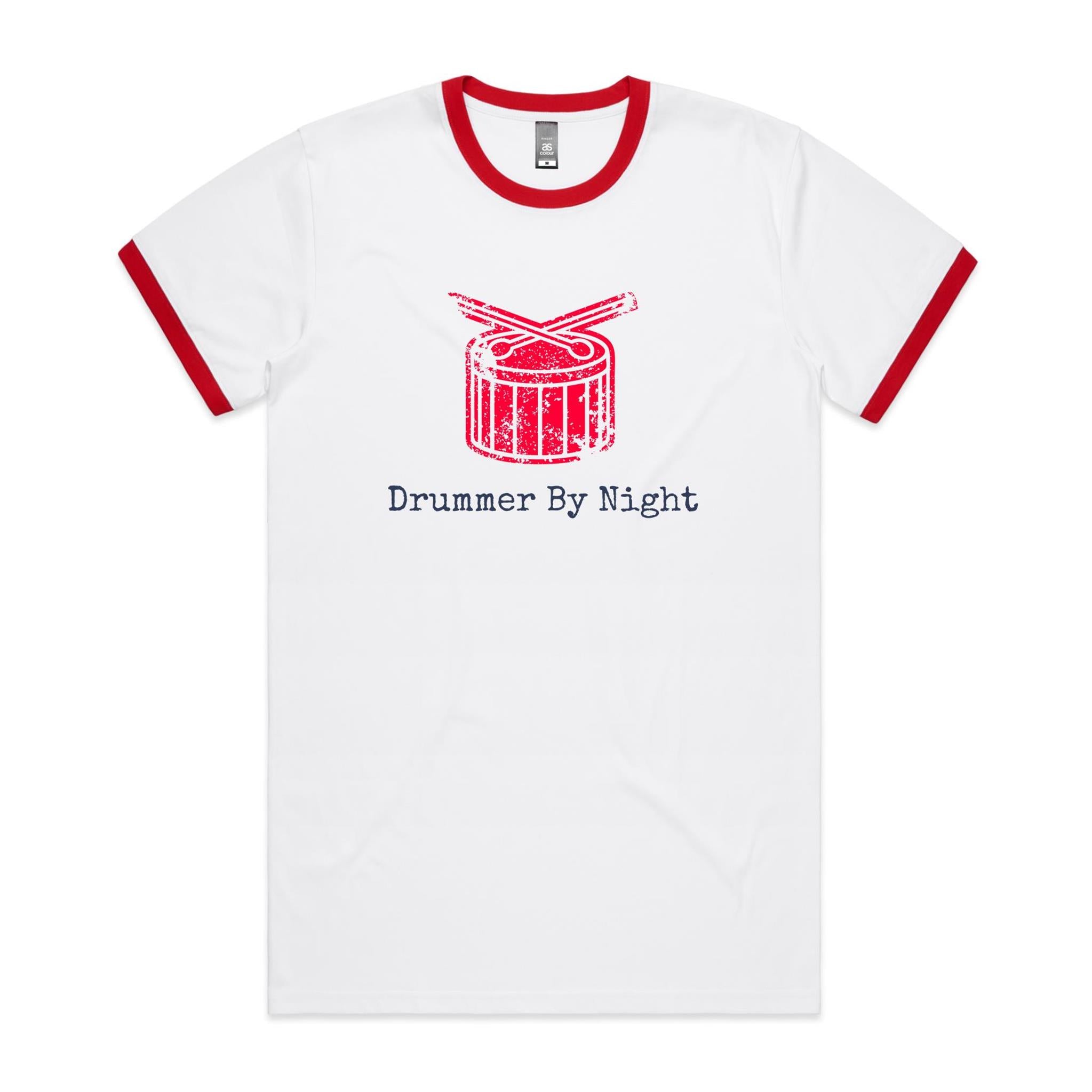 Drummer By Night - Staple Ringer Tee White Red Ringer T-Shirt Music Printed In Australia