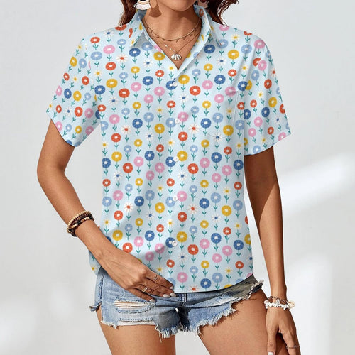 Abstract Cute Flowers Women's Short-Sleeve Button Up Shirt Women's Short-Sleeve Button Up Shirt Plants Printed Offshore