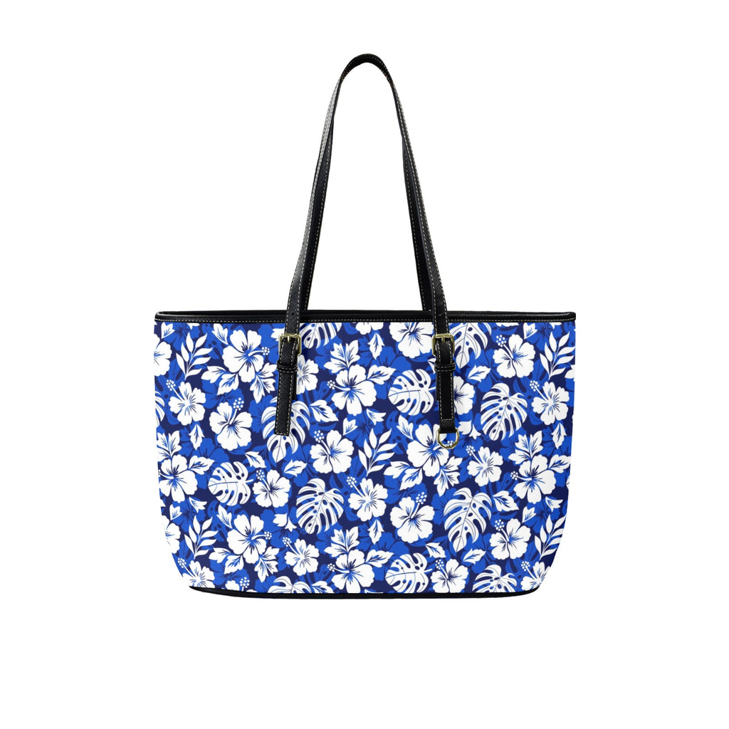 Blue Hawaiian Floral - Leather Tote Bag-Large