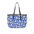 Blue Hawaiian Floral - Leather Tote Bag-Large