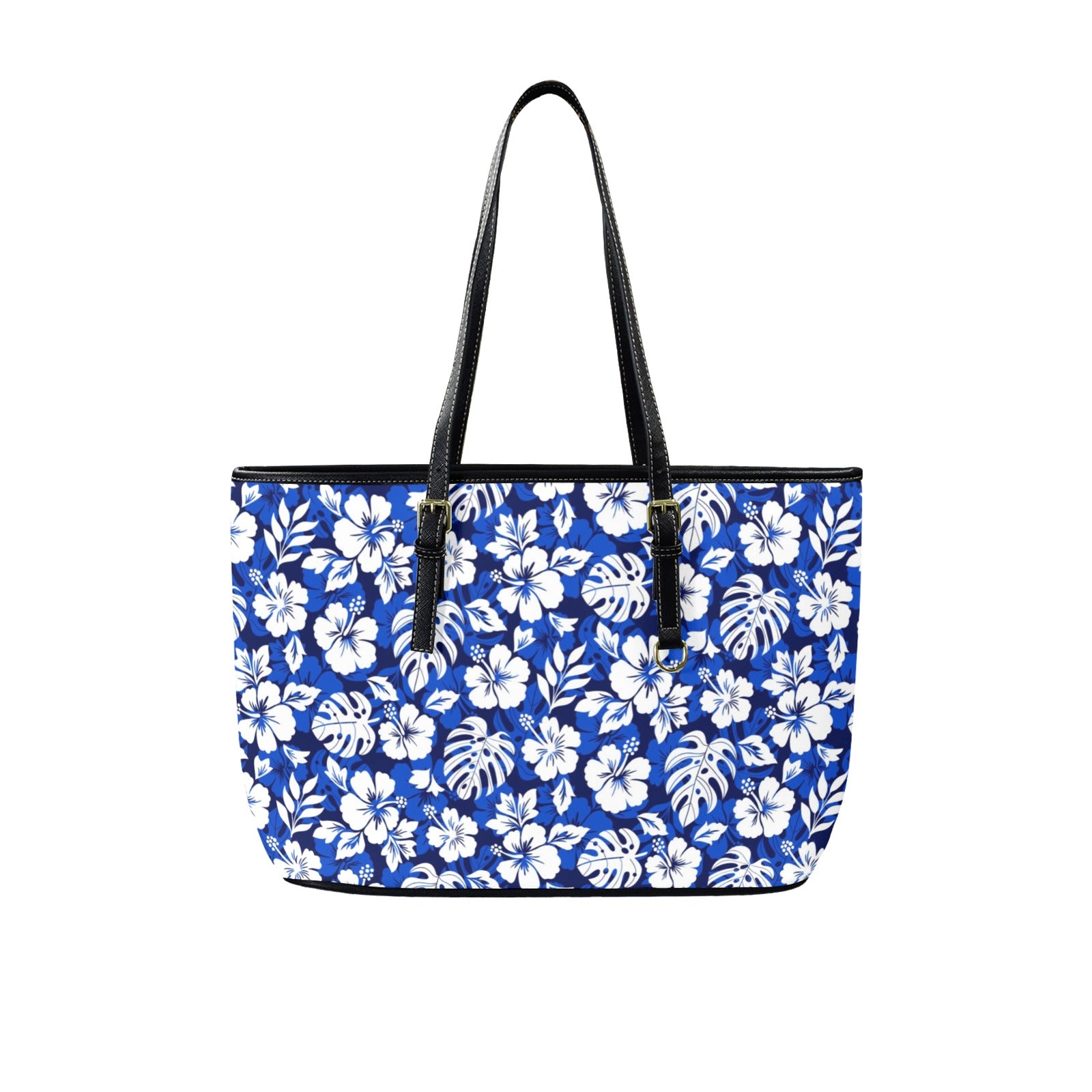 Blue Hawaiian Floral - Leather Tote Bag-Large