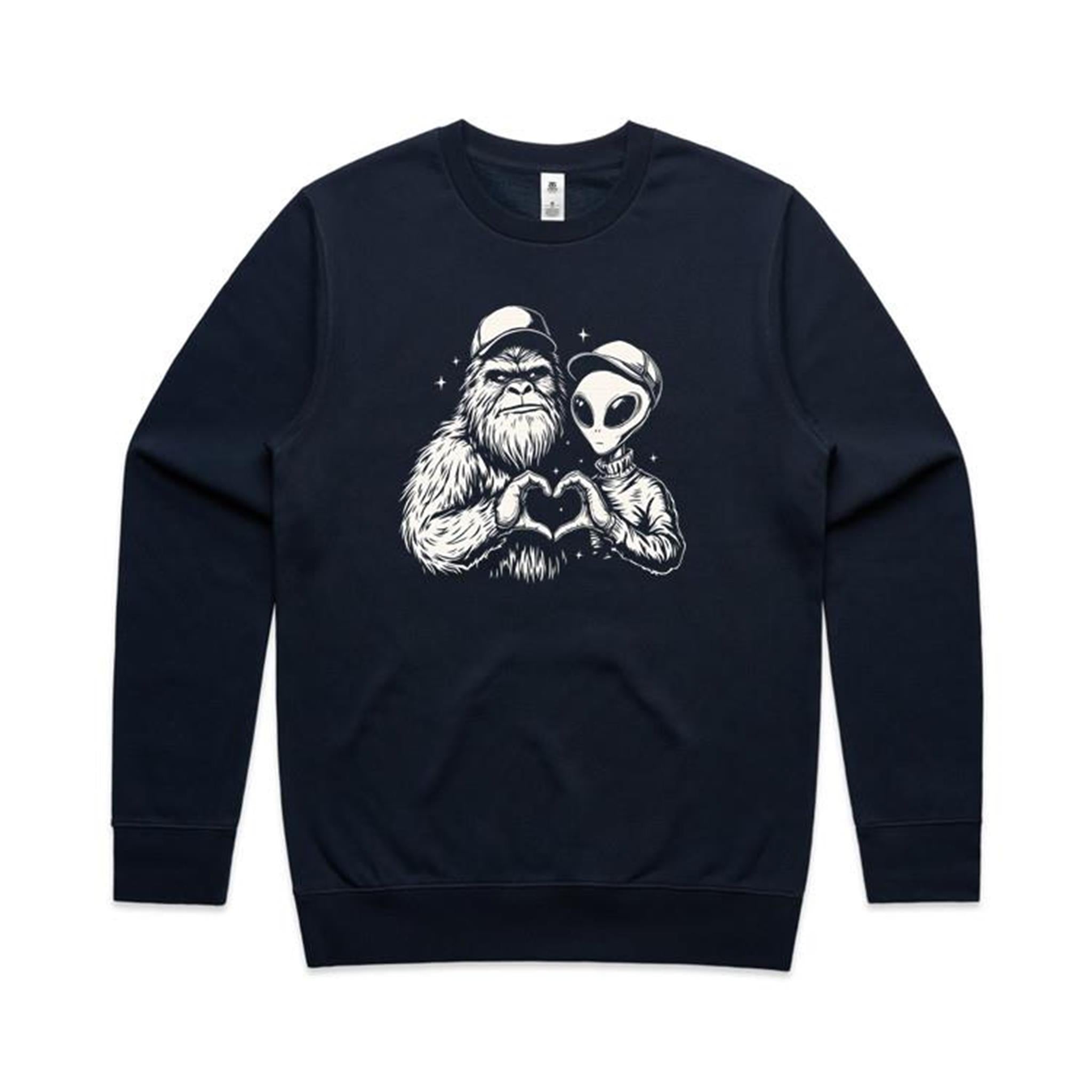 Alien Bigfoot Heart Hands - AS Colour Stencil Crew Navy Sweatshirt Love Printed In Australia Sci Fi