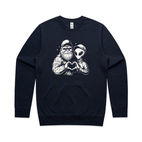 Alien Bigfoot Heart Hands - AS Colour Stencil Crew Navy Sweatshirt Love Printed In Australia Sci Fi