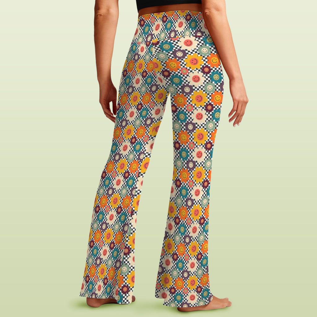 Happy Retro Flowers High Waist Crossover Tummy Control Flare Leggings High Waist Flare Leggings Printed Offshore Retro