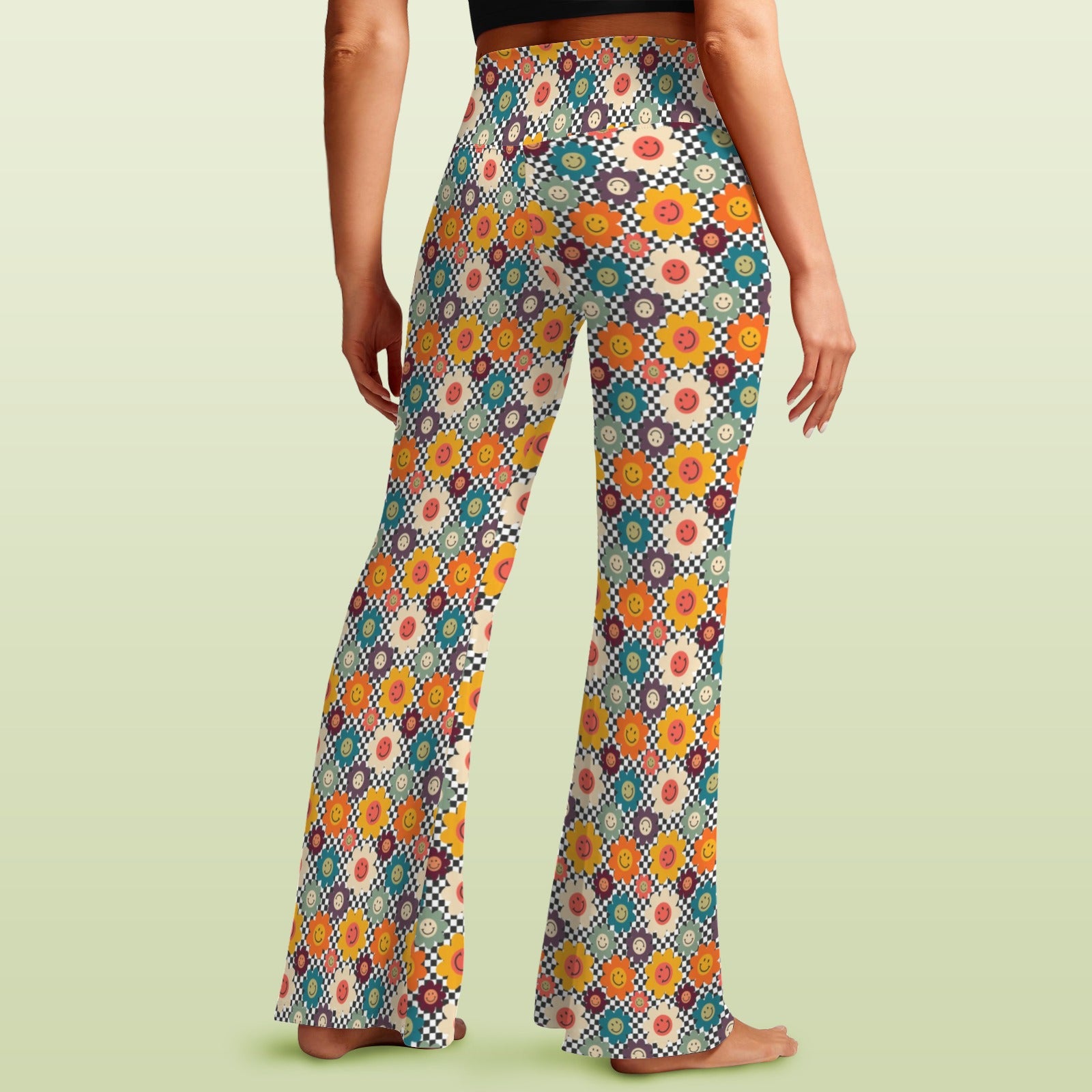 Happy Retro Flowers High Waist Crossover Tummy Control Flare Leggings High Waist Flare Leggings Printed Offshore Retro
