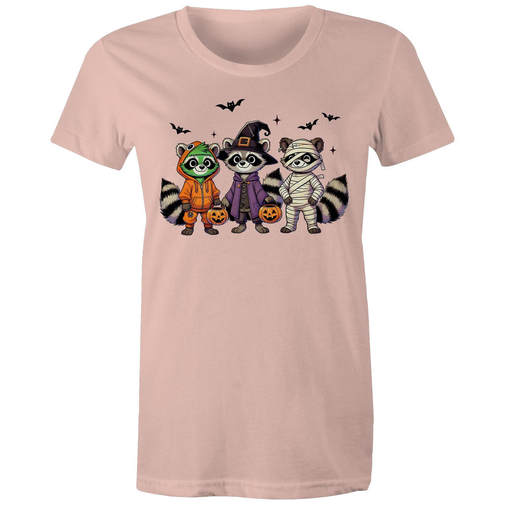 Halloween Raccoons - Womens T-shirt Pale Pink Womens T-shirt Halloween Printed In Australia