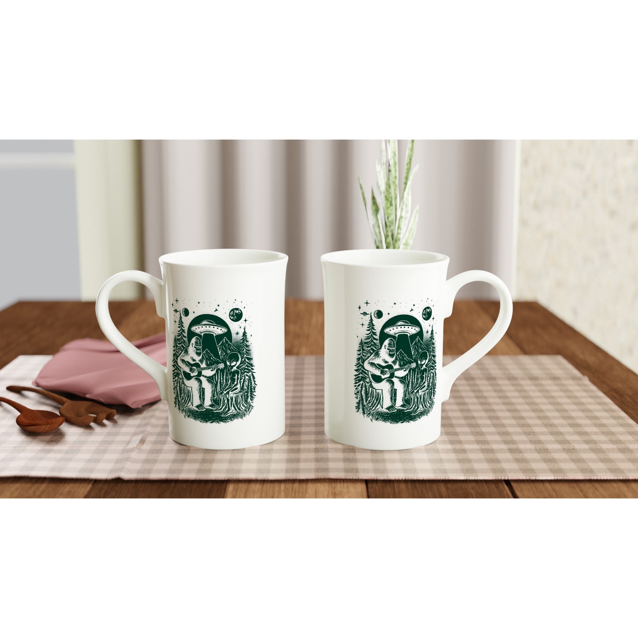 Alien And Bigfoot Play Guitar - White 10oz Porcelain Slim Mug Porcelain Mug Globally Fulfilled Music Sci Fi