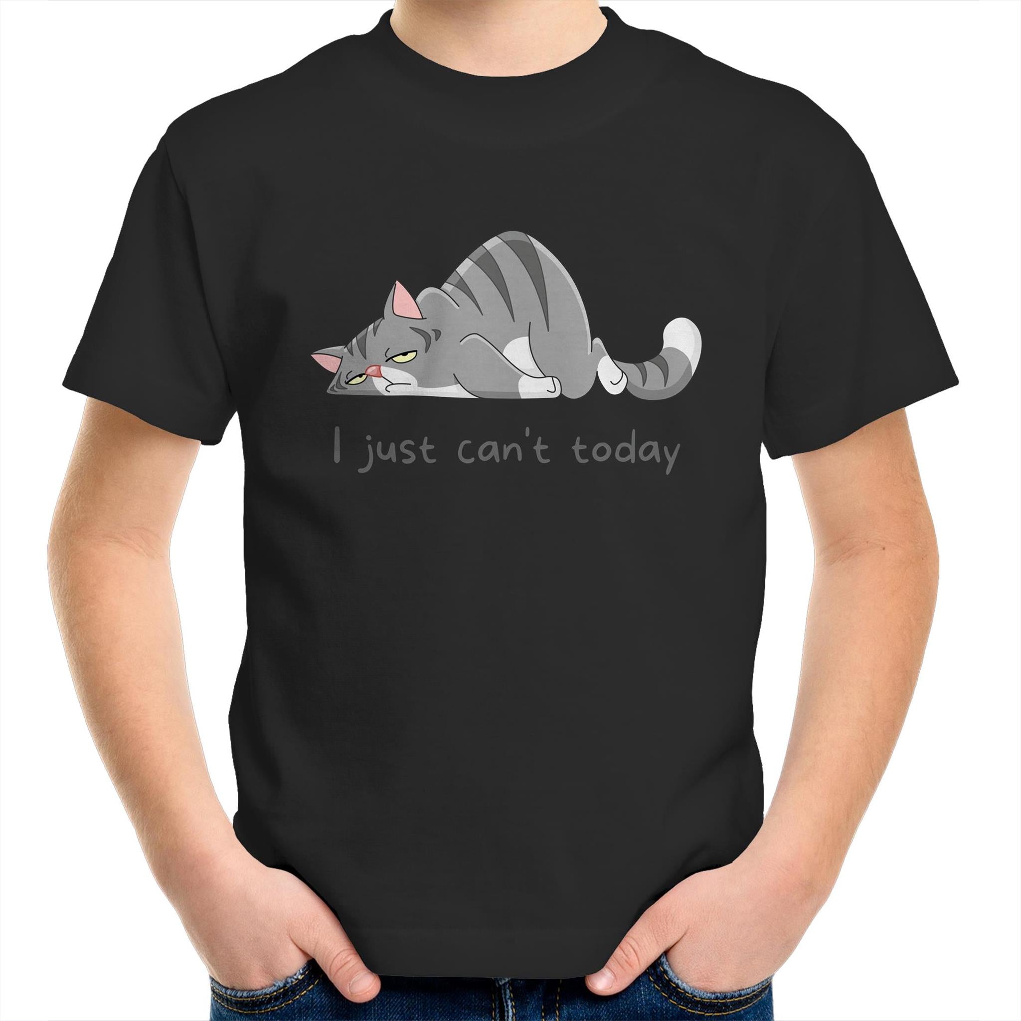 Cat, I Just Can't Today - Kids Youth T-Shirt Black Kids Youth T-shirt animal Printed In Australia