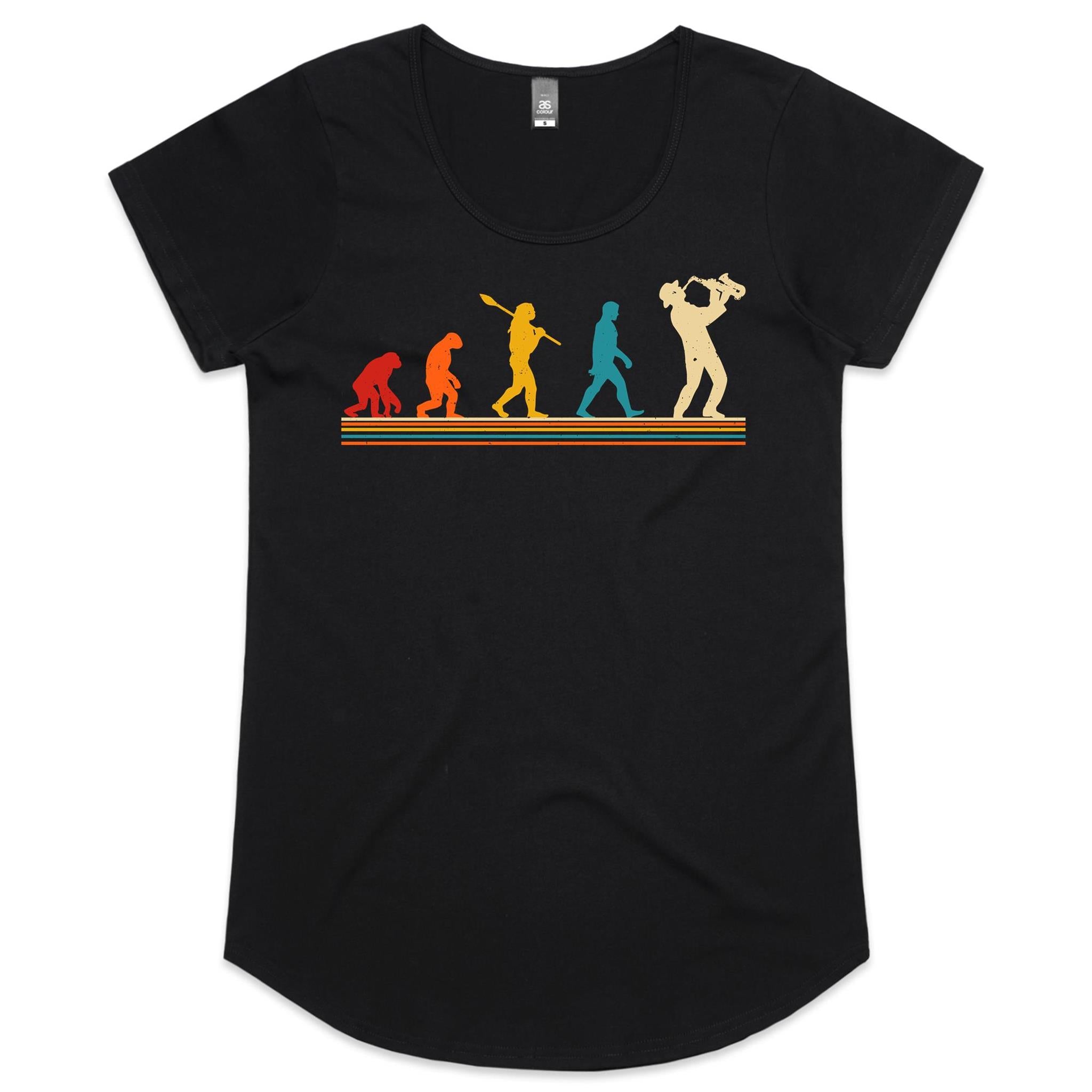 Saxophone Player Evolution - Womens Scoop Neck T-Shirt Black Womens Scoop Neck T-shirt Music Printed In Australia