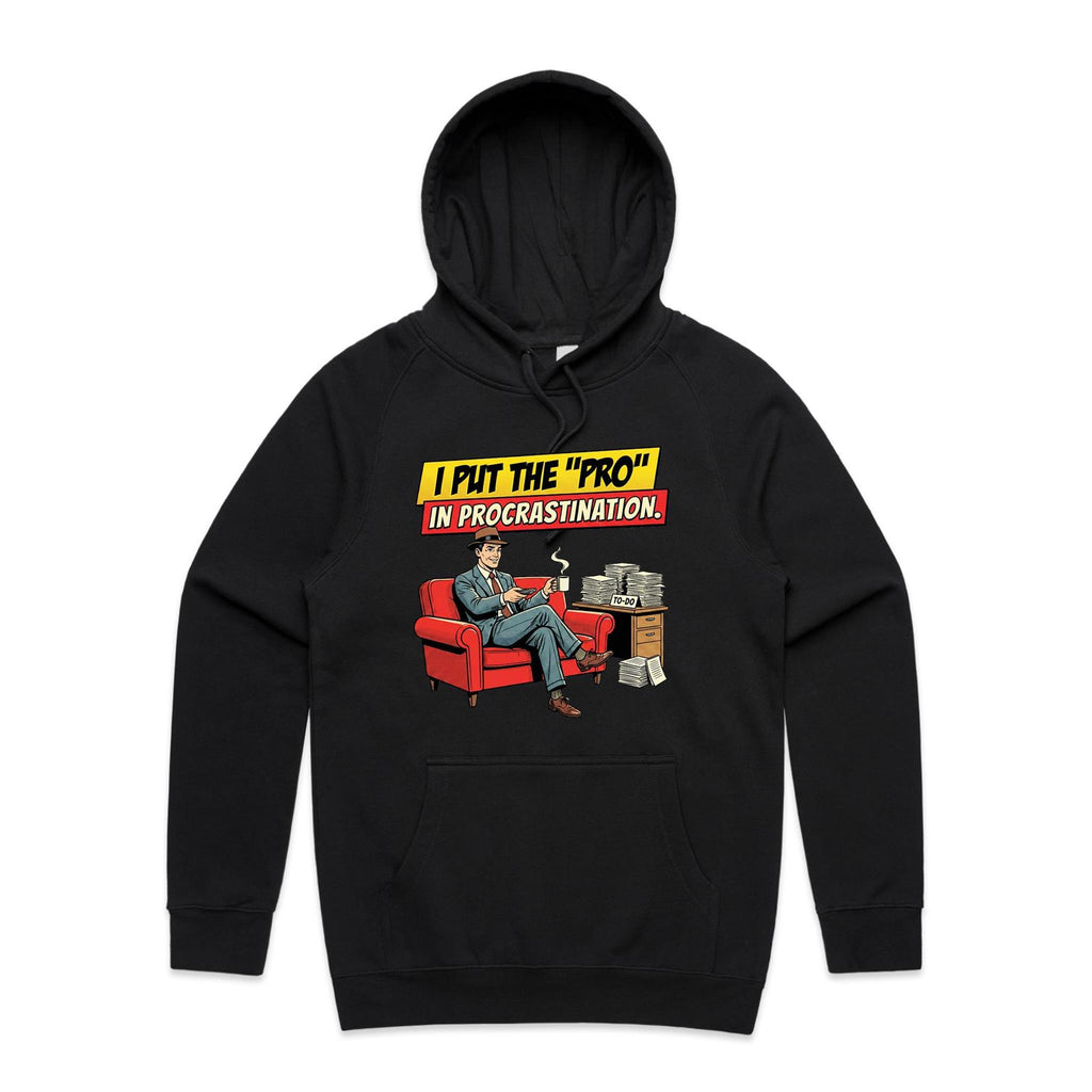 I Put The Pro In Procrastination, Retro Gentleman Men's AS Colour Hoodie Black Mens Hoodie comic Printed In Australia