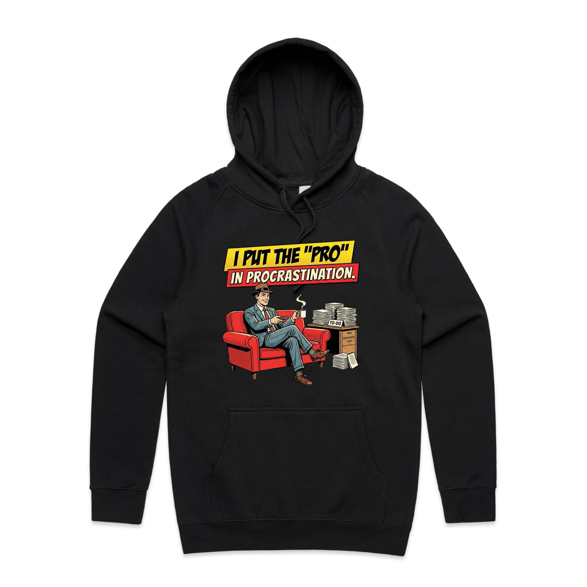 I Put The Pro In Procrastination, Retro Gentleman Men's AS Colour Hoodie Black Mens Hoodie comic Printed In Australia