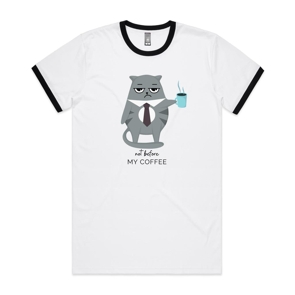 Not Before My Coffee, Cranky Cat - Staple Ringer Tee White Black Ringer T-Shirt animal Coffee Printed In Australia