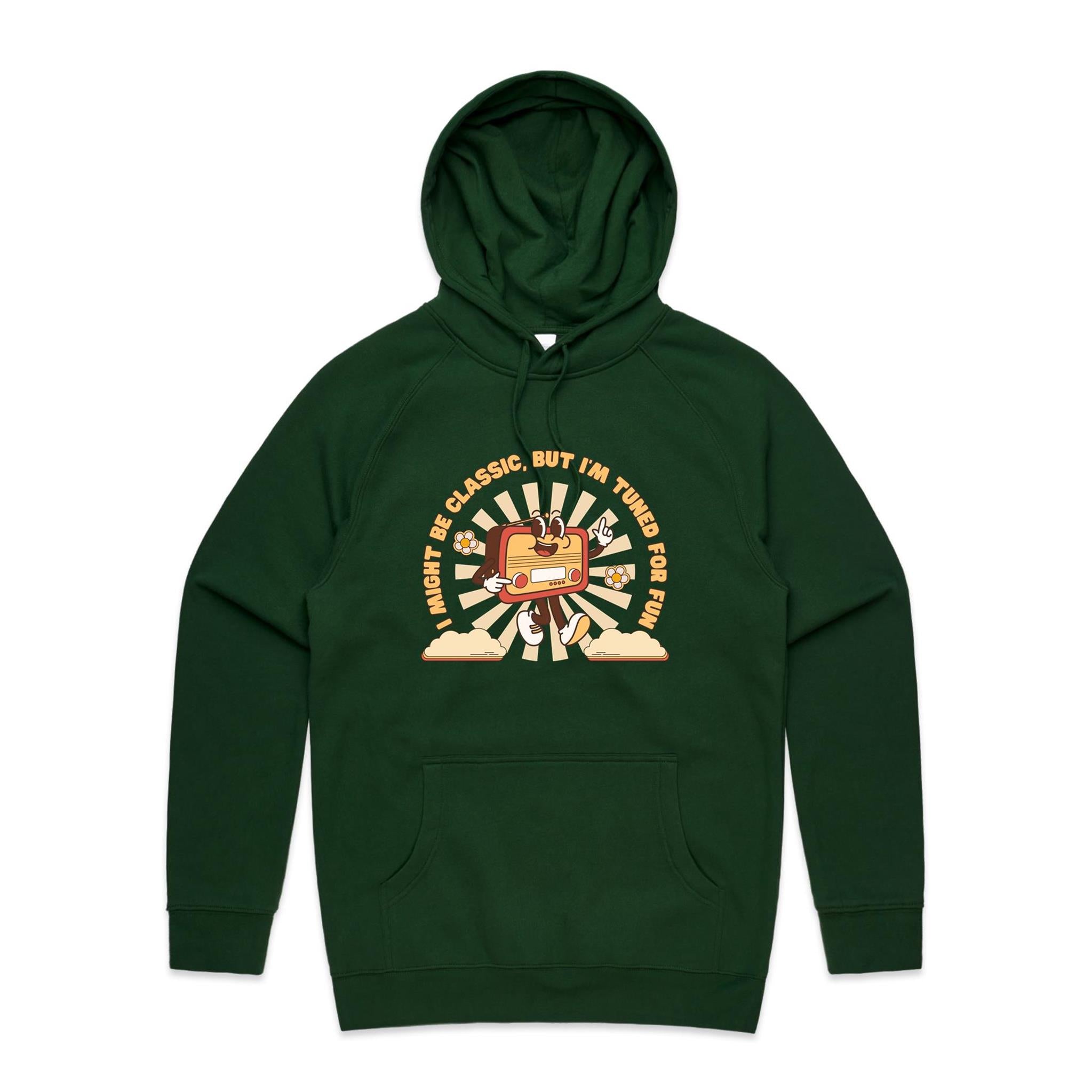 I Might Be Classic But I'm Tuned For Fun, Old Radio - Mens Hoodie Forest Green Mens Hoodie Music Printed In Australia Retro