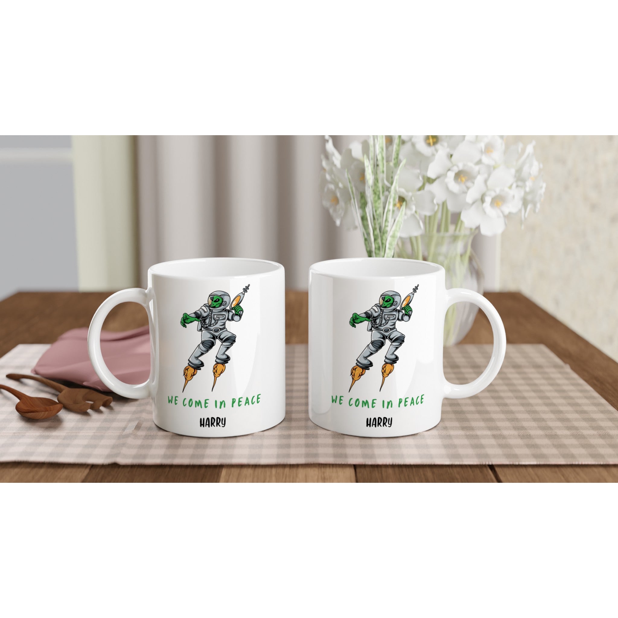 Personalise - We Come In Peace, Alien - White 11oz Ceramic Mug Personalised 11oz Mug customise Globally Fulfilled personalise Sci Fi