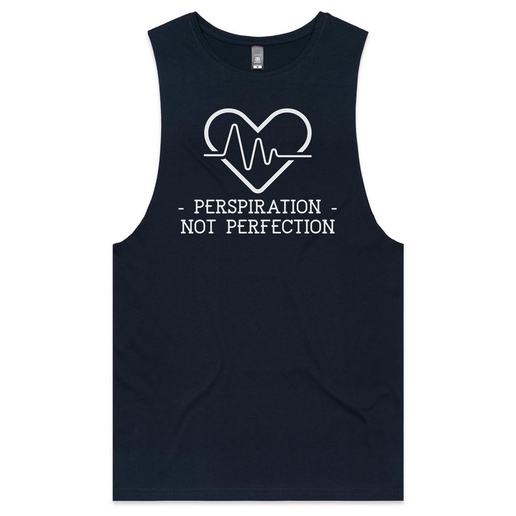 Perspiration Not Perfection - Tank Top Tee Navy Drop Arm Tank Top Fitness Printed In Australia
