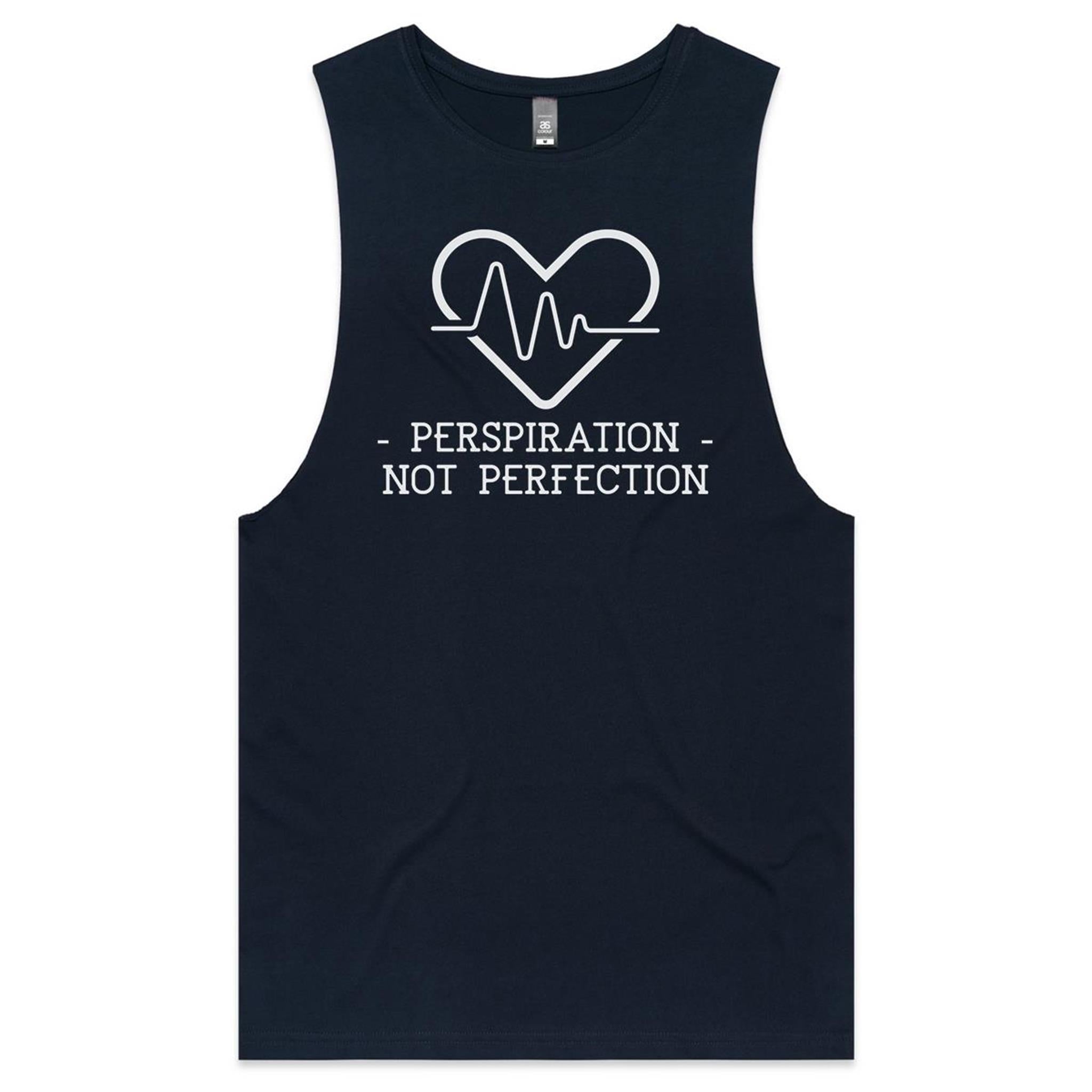 Perspiration Not Perfection - Tank Top Tee Navy Drop Arm Tank Top Fitness Printed In Australia