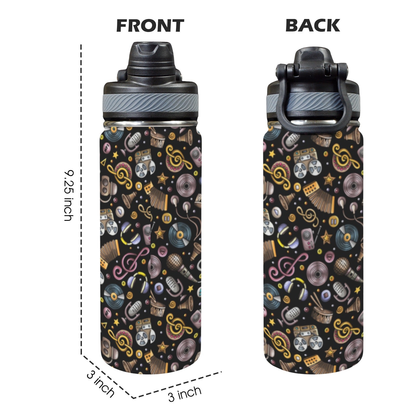Retro Music Mix - Insulated Water Bottle with Dual-Use Lid (18oz) Insulated Water Bottle with Dual-Use Lid (18oz) Music Printed Offshore Retro