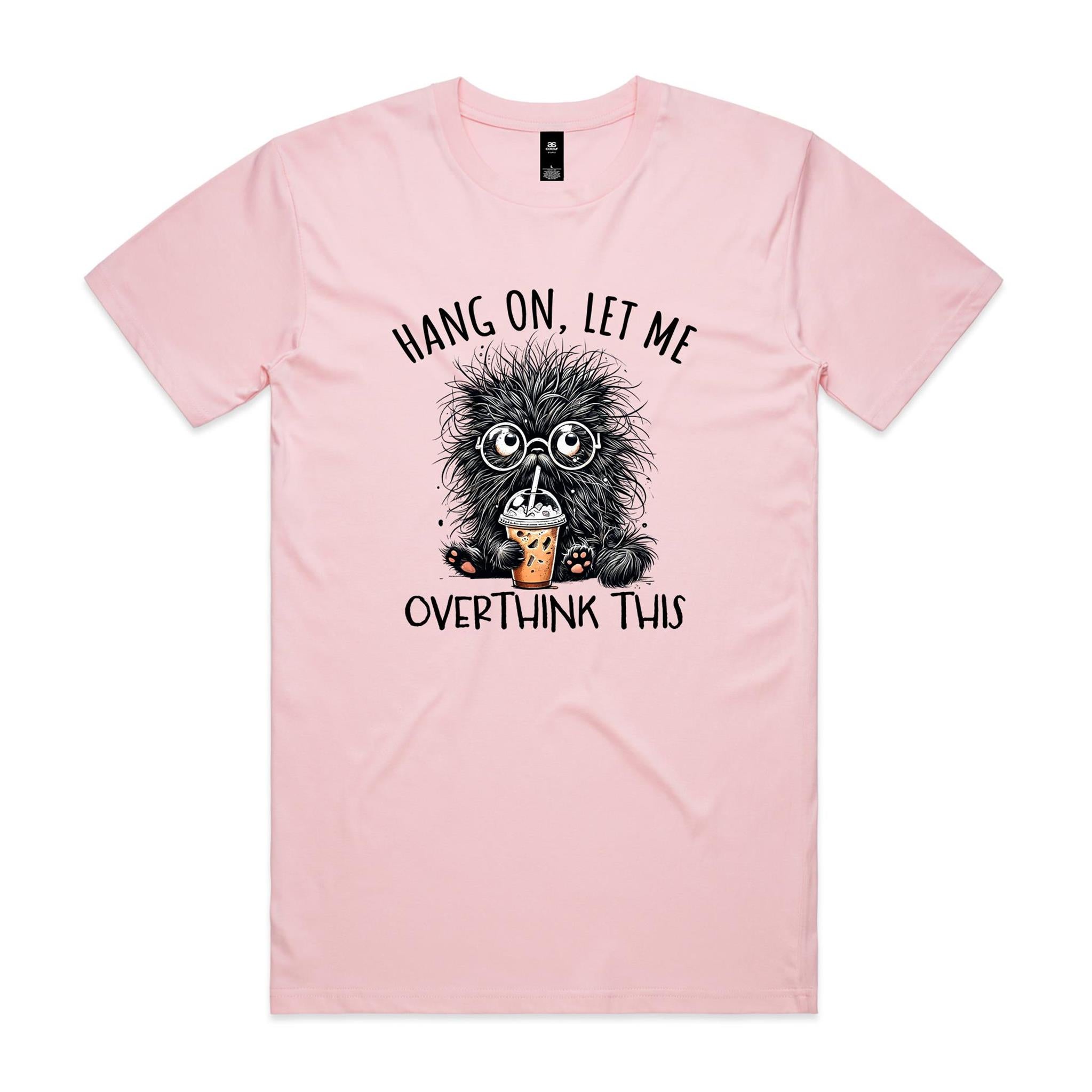 Frazzled Cat, Hang On Let Me Overthink This Men's AS Colour T-shirt Pink Mens T-shirt animal Printed In Australia