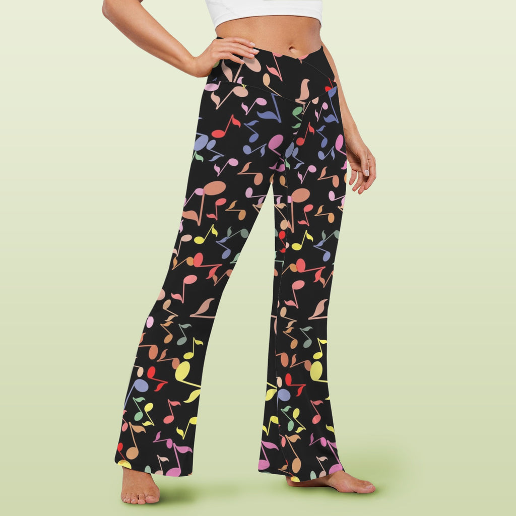 Quavers, Music Notes High Waist Crossover Tummy Control Flare Leggings High Waist Flare Leggings Music Printed Offshore