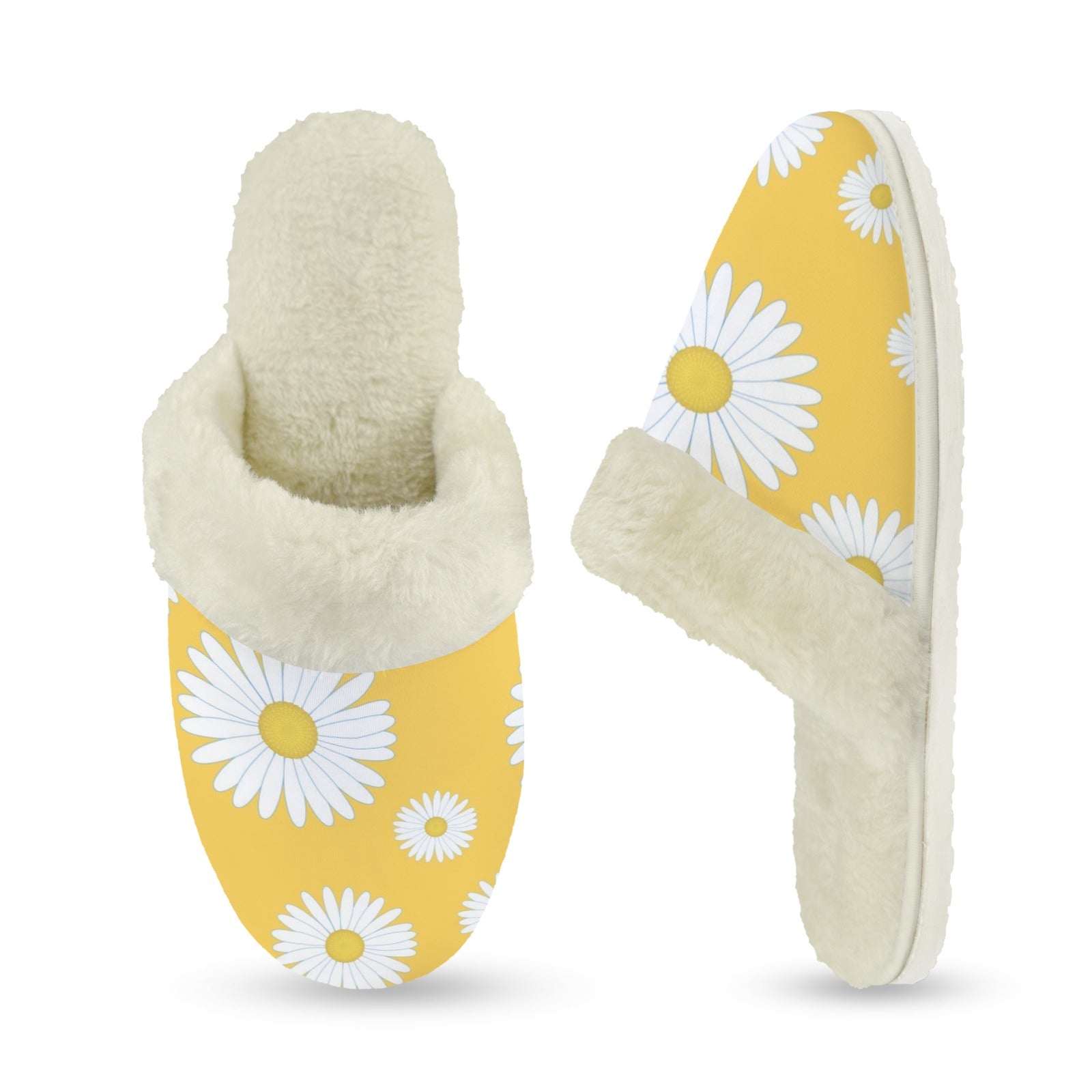 Daisies On Yellow Women's Fur Trim Thick-Sole Indoor Slippers Women's Fur Trimmed Slippers Plants Printed Offshore