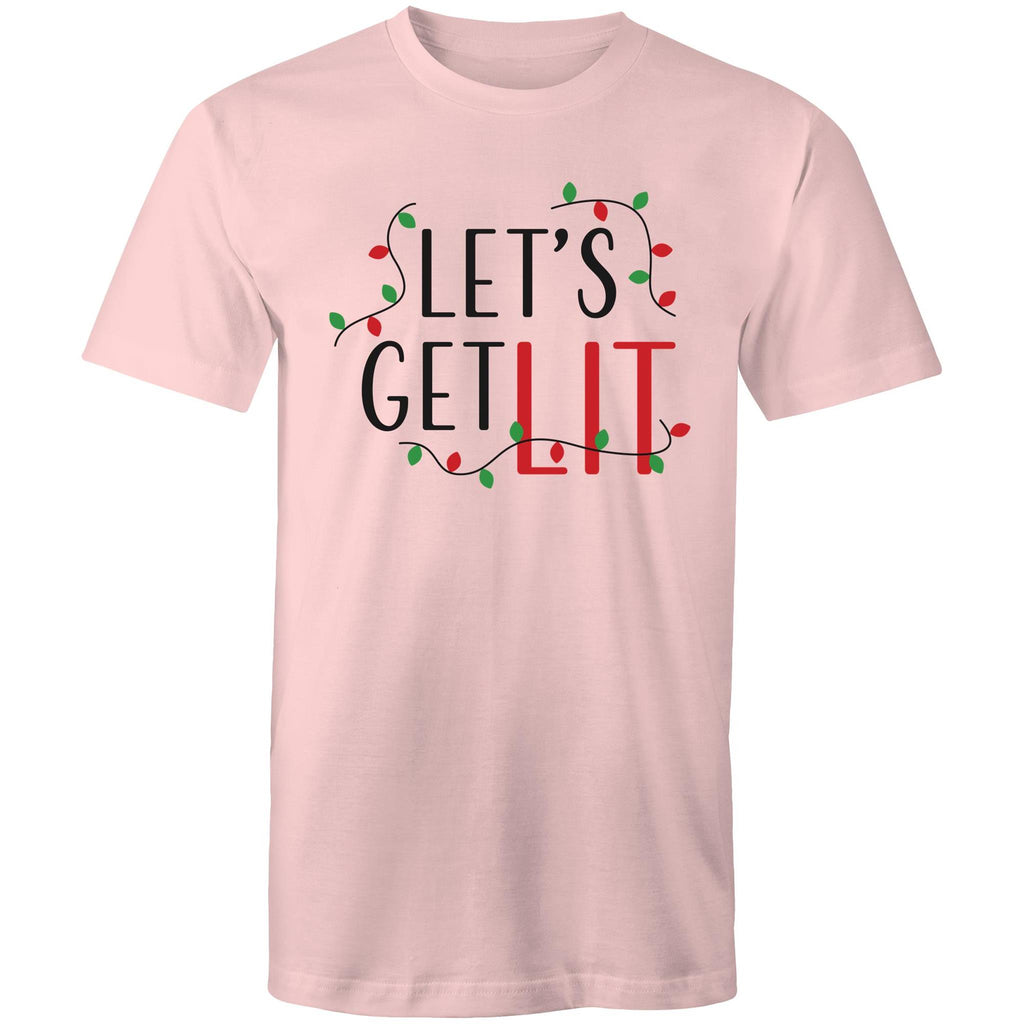 Let's Get Lit, Christmas Lights - Mens T-Shirt Pink Mens Christmas T-shirt Christmas Printed In Australia