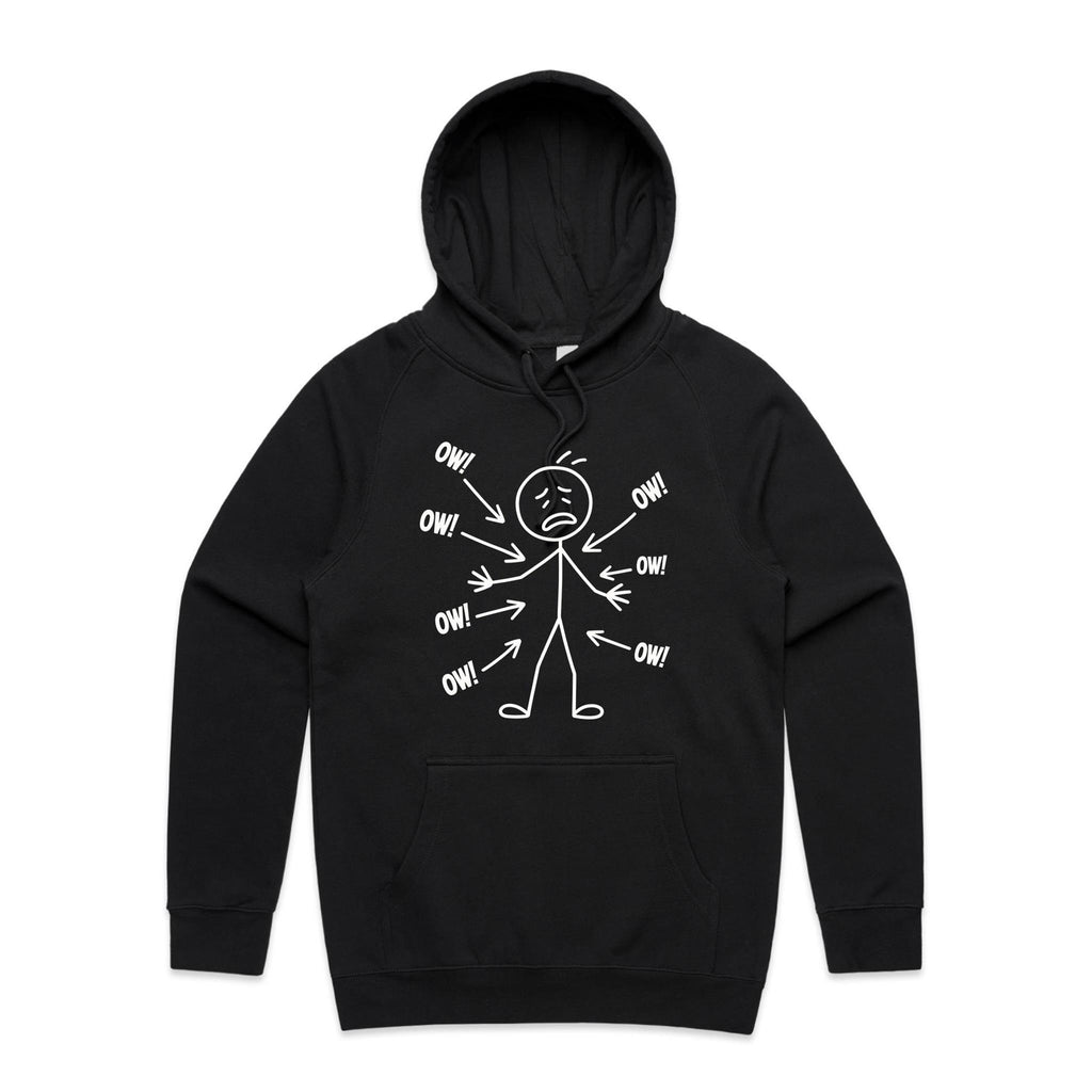 Ow! Everything Hurts Stick Figure Men's AS Colour Hoodie Black Mens Hoodie Printed In Australia