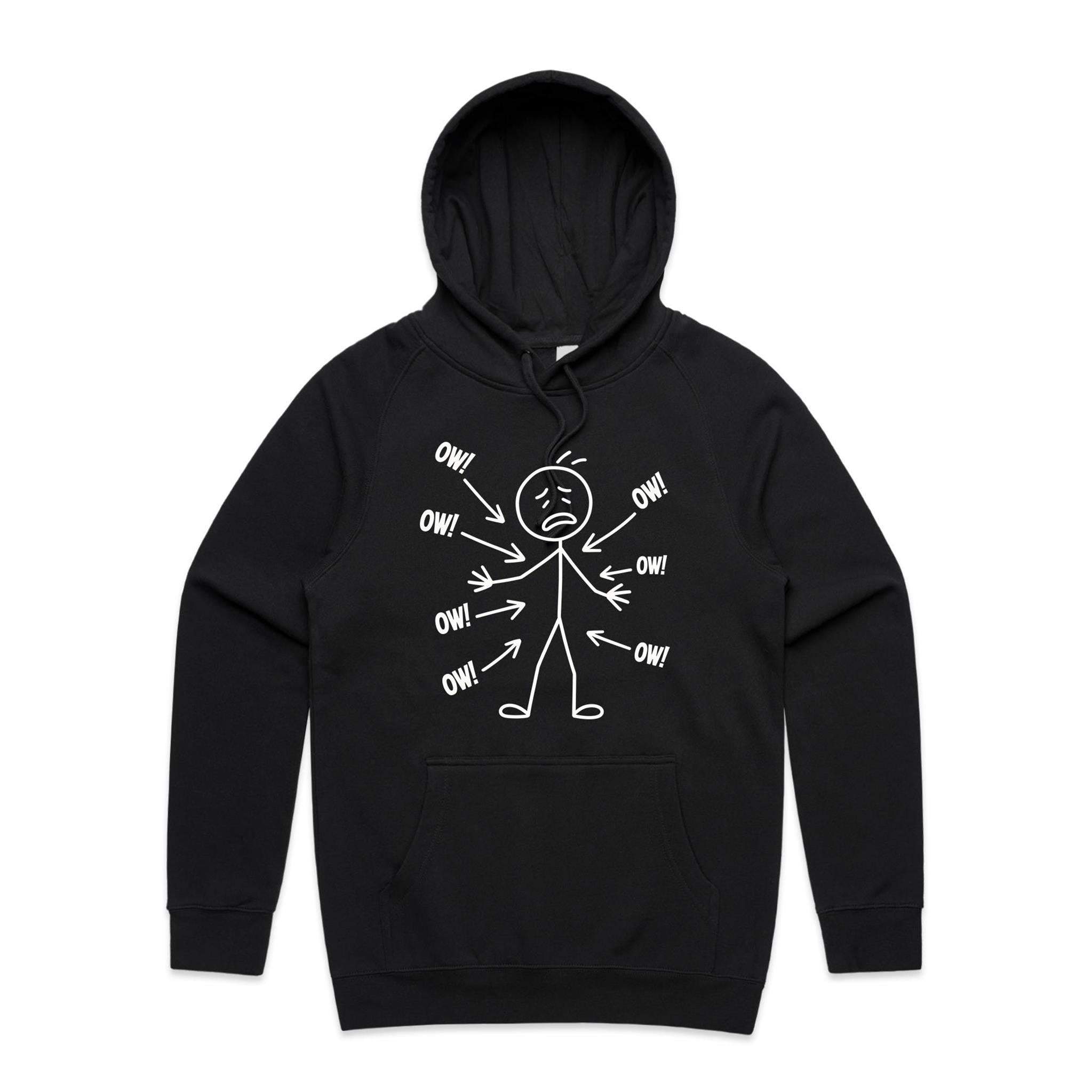 Ow! Everything Hurts Stick Figure Men's AS Colour Hoodie Black Mens Hoodie Printed In Australia