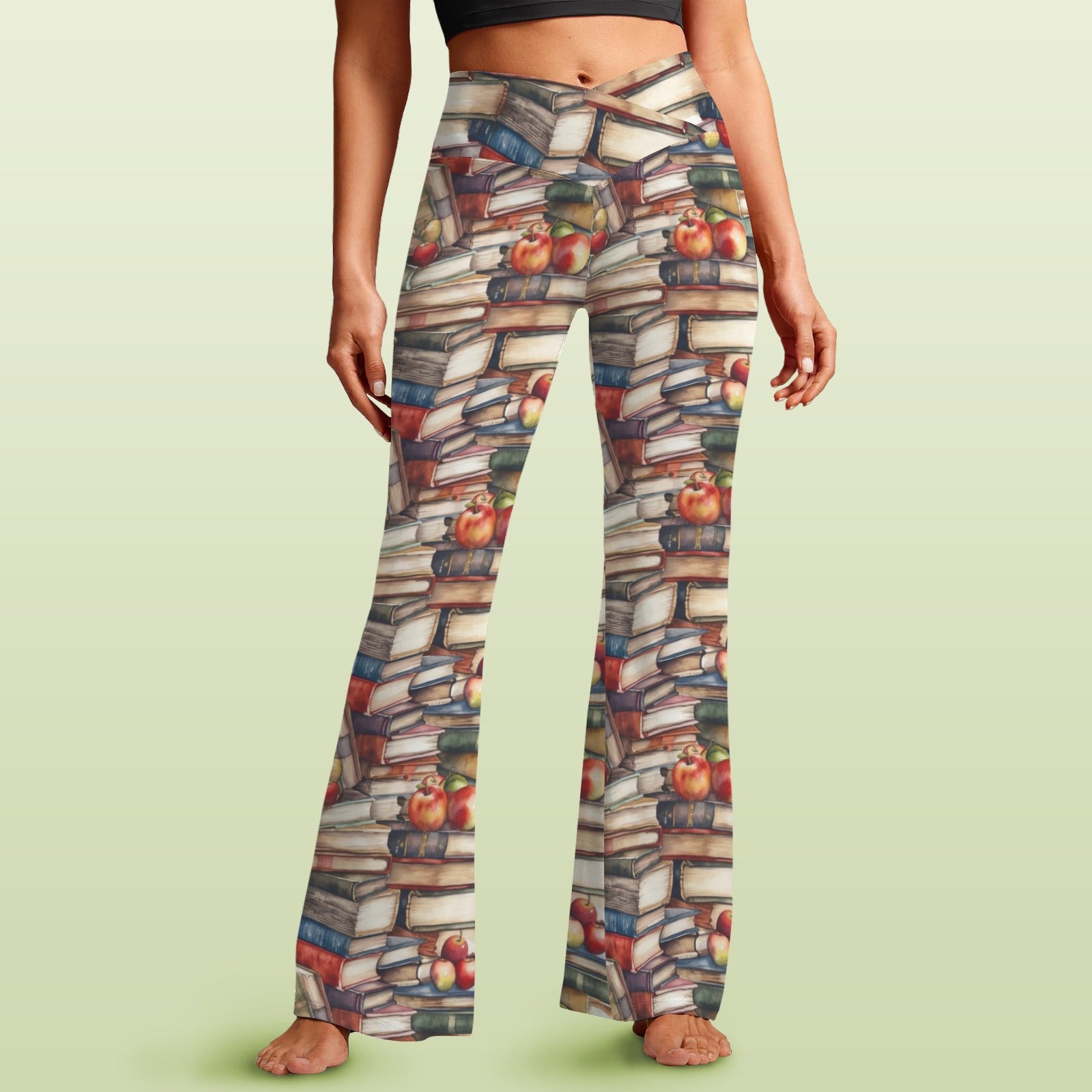 Watercolour Books - High Waist Crossover Tummy Control Flare Leggings 5XL High Waist Flare Leggings Printed Offshore Reading