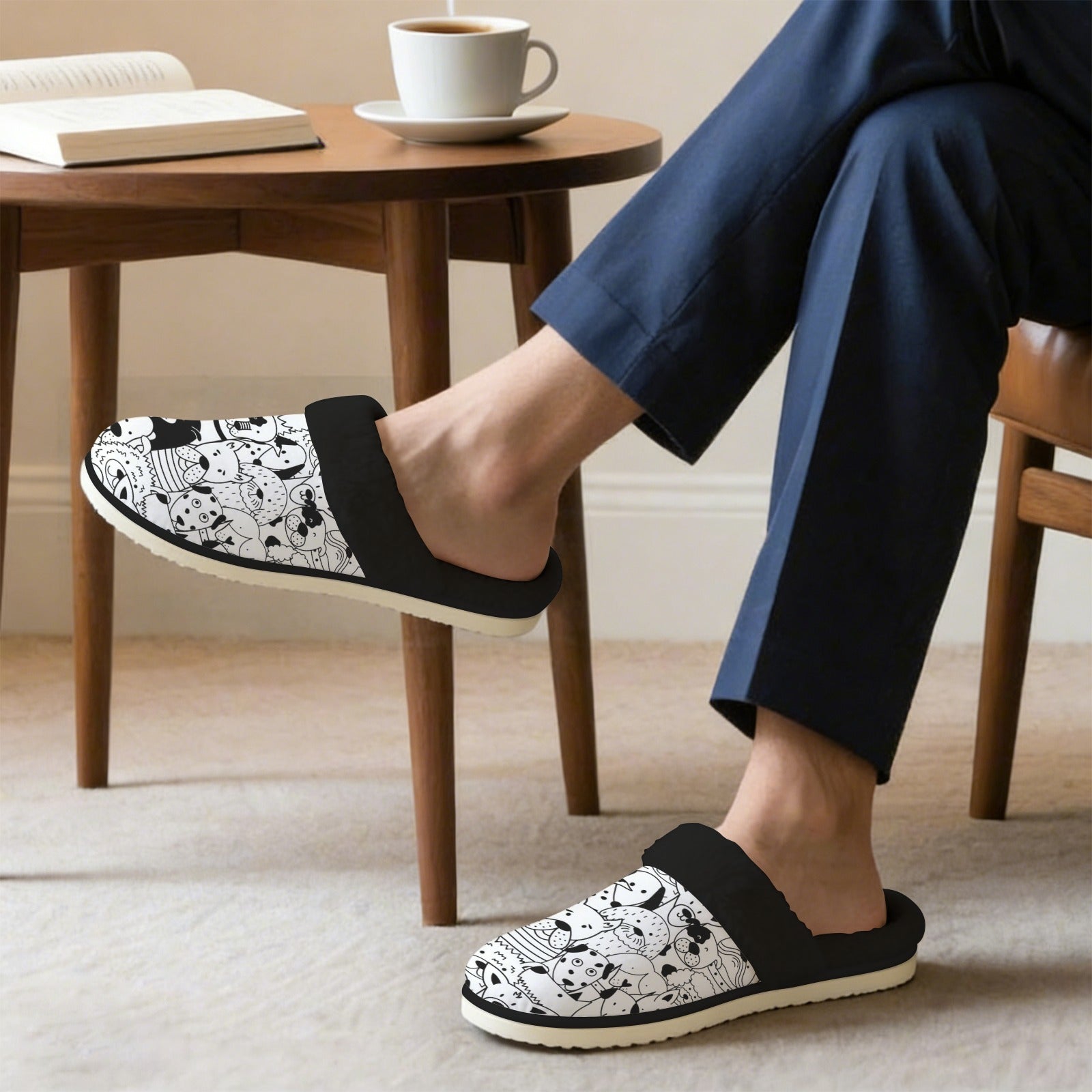 Black And White Dogs Men's Fur Trim Thick-Sole Indoor Slippers Men's Fur Trimmed Slippers animal Printed Offshore