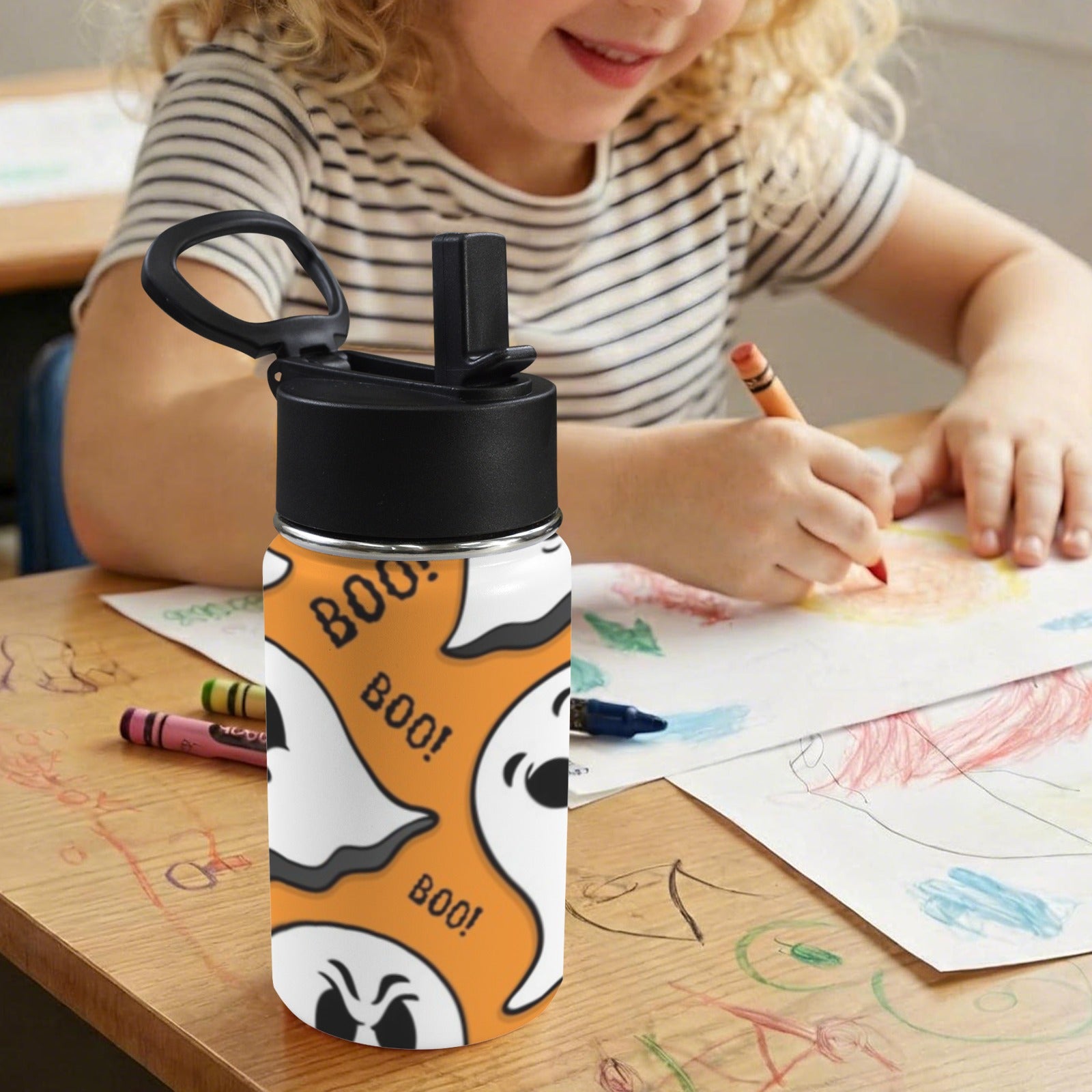 Halloween Ghost Boo 12oz Kids Water Bottle with Straw Lid