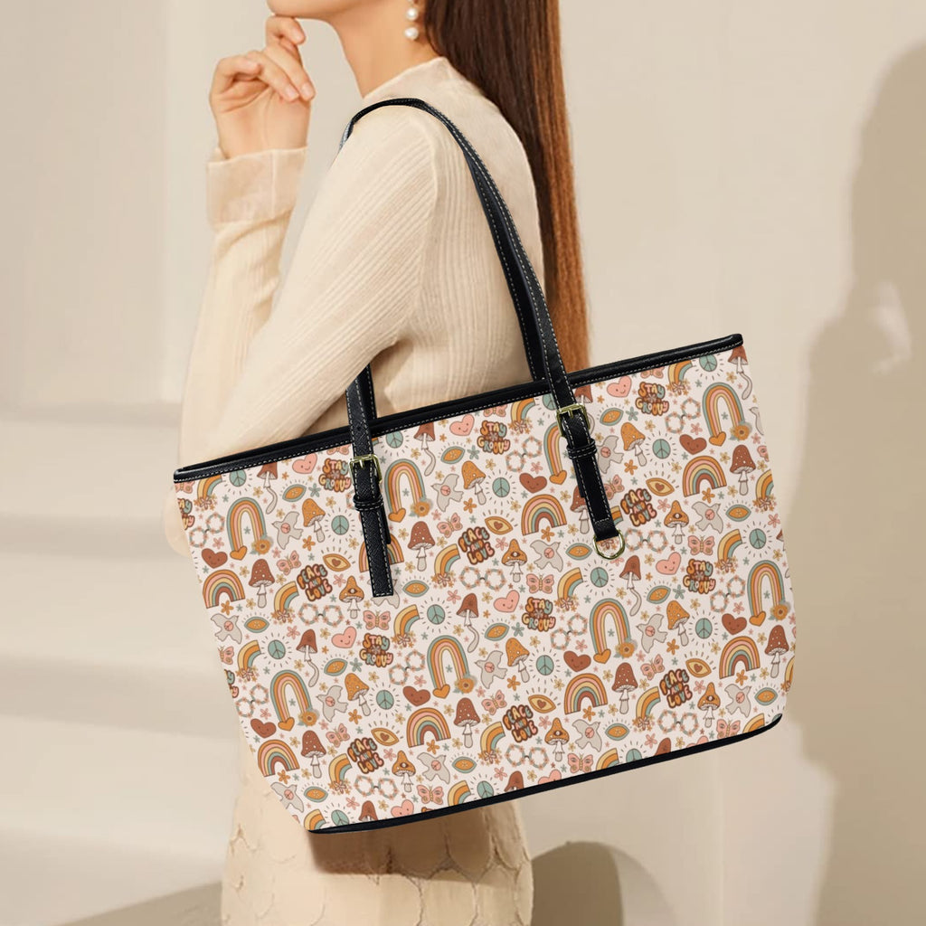 Peace And Love PU Leather Tote Bag Large Leather Tote Bag-Large Love Printed Offshore Retro