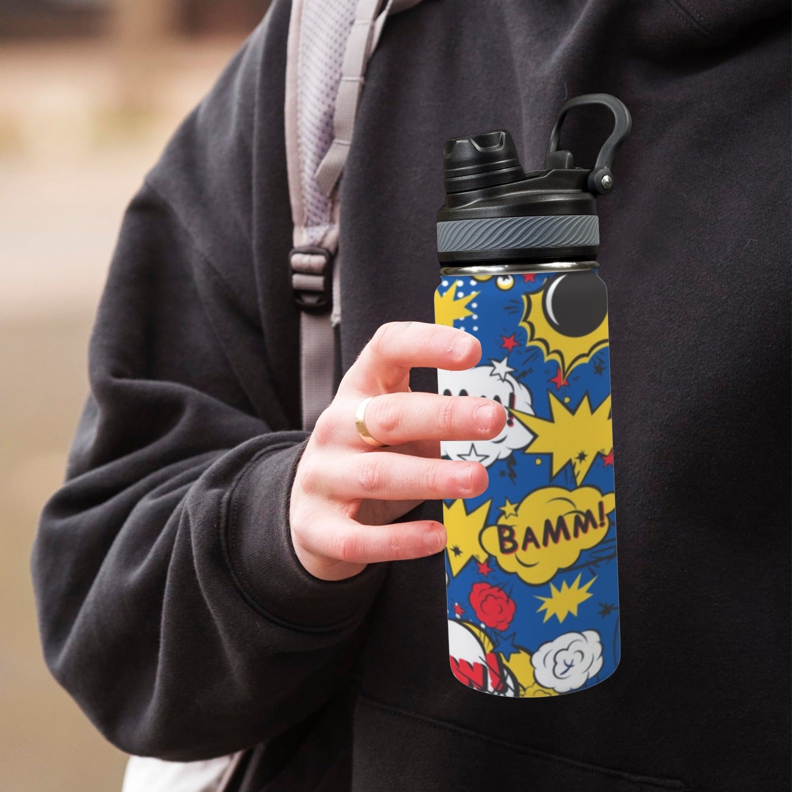 Blue Comic Book - Insulated Water Bottle with Dual-Use Lid (18oz) Insulated Water Bottle with Dual-Use Lid (18oz) comic Printed Offshore