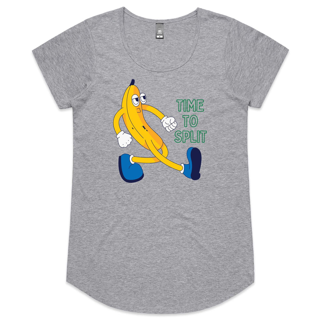 Banana, Time To Split - Womens Scoop Neck T-Shirt Grey Marle Womens Scoop Neck T-shirt Food Printed In Australia
