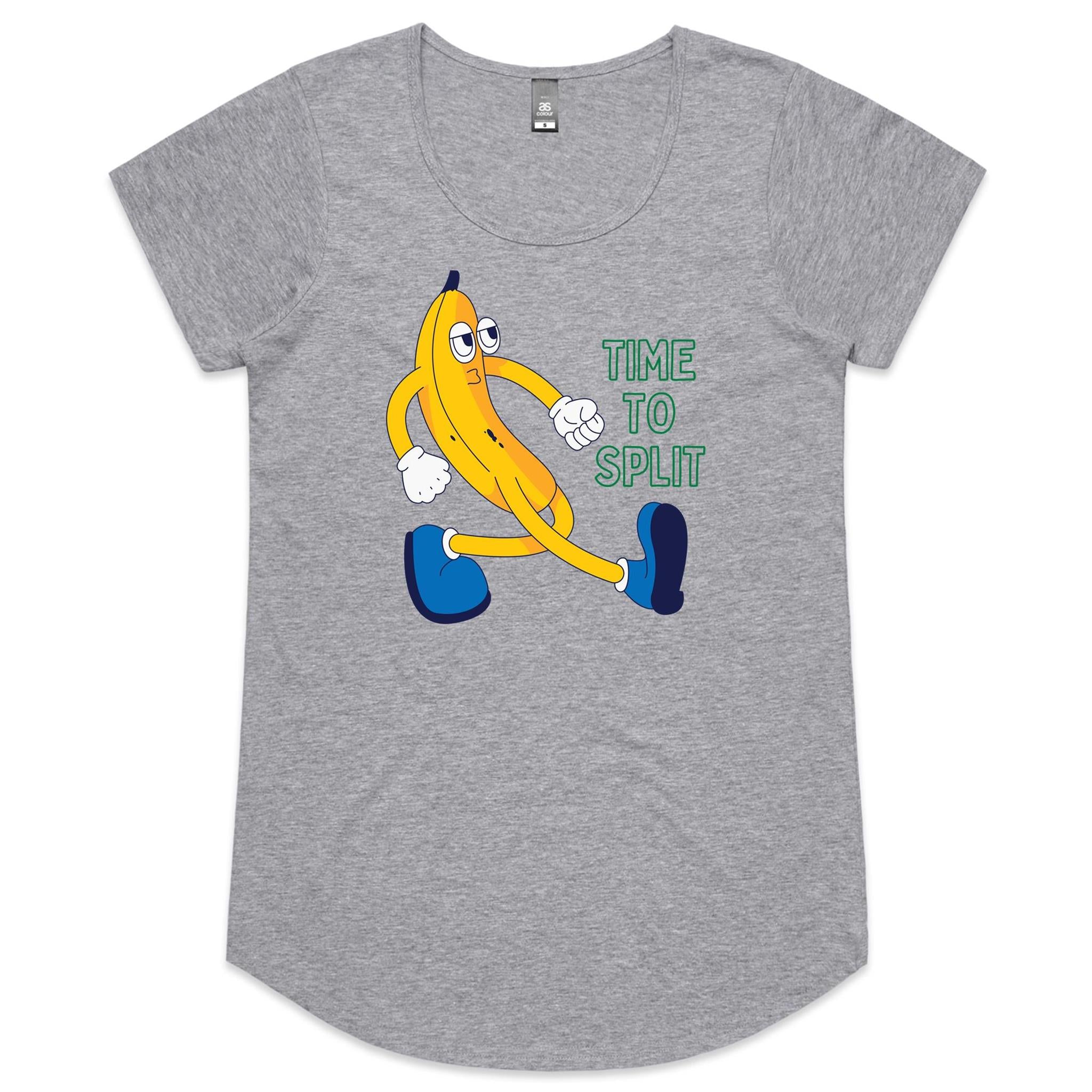 Banana, Time To Split - Womens Scoop Neck T-Shirt Grey Marle Womens Scoop Neck T-shirt Food Printed In Australia