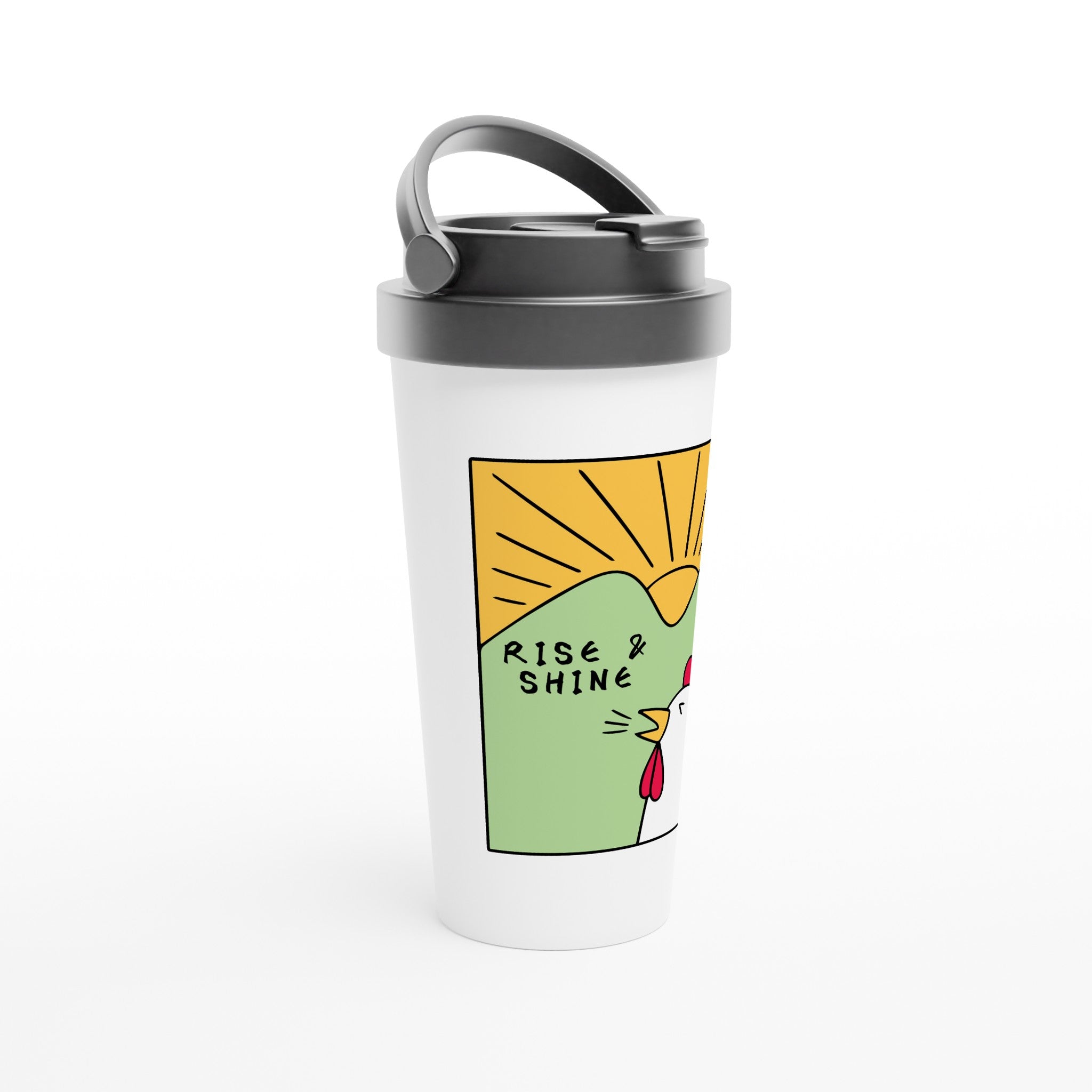 Rise And Shine, Rooster Morning - White 15oz Stainless Steel Travel Mug Travel Mug animal Globally Fulfilled