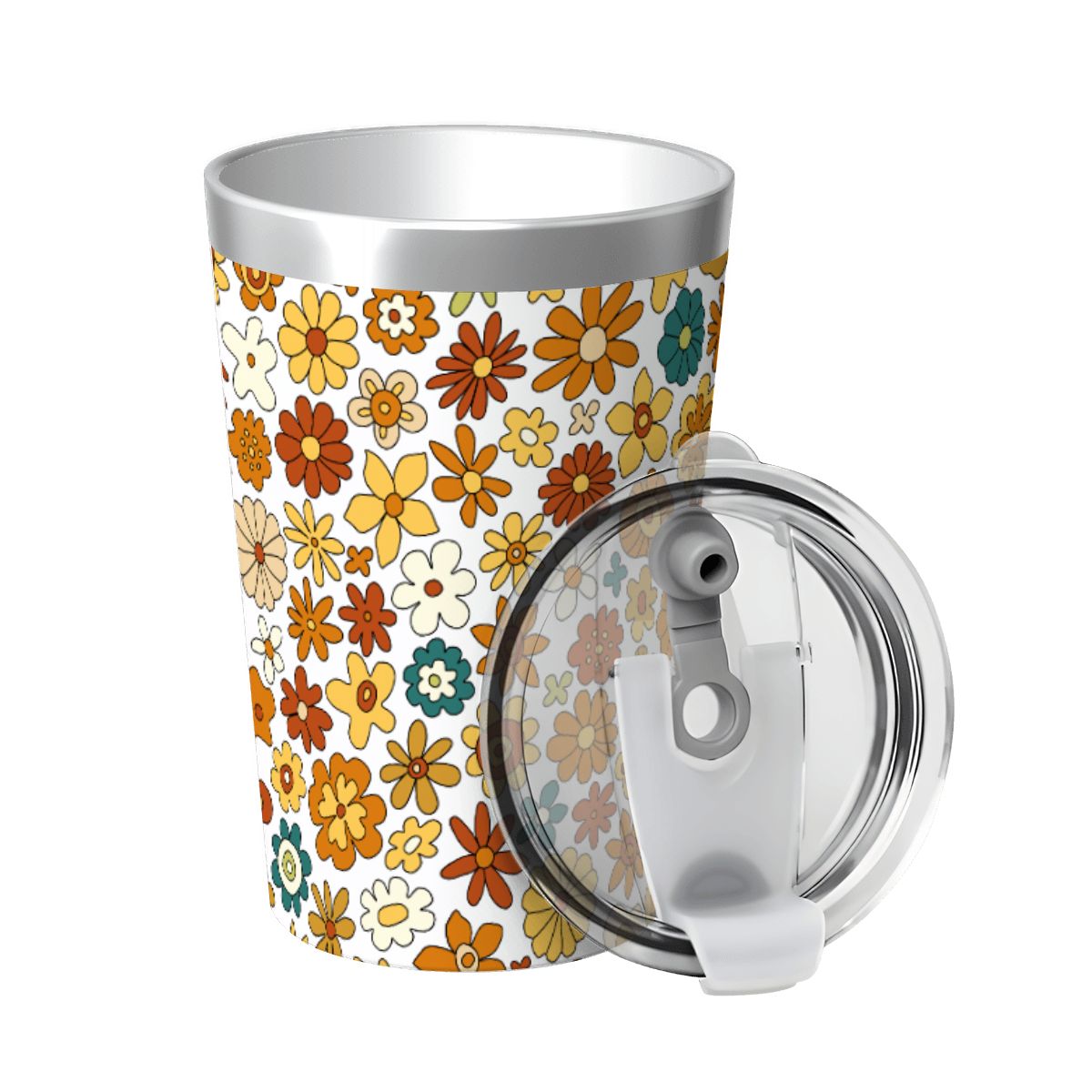 70's Style Floral Small Stainless Steel Travel Mug Cup 12oz/350ml