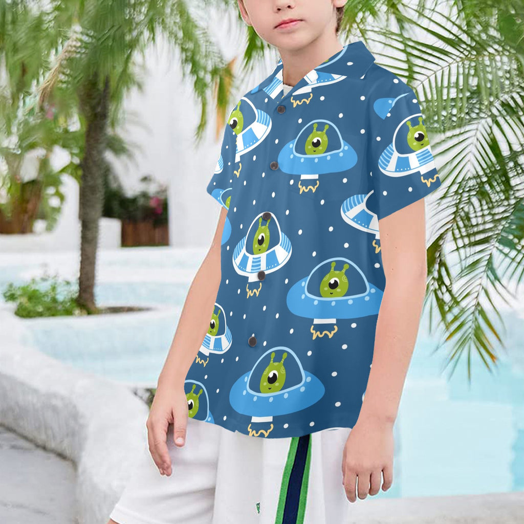 Cute Aliens in UFOs Senior Kids Hawaiian Shirt Senior Kids Hawaiian Shirt 8-15 Printed Offshore Sci Fi