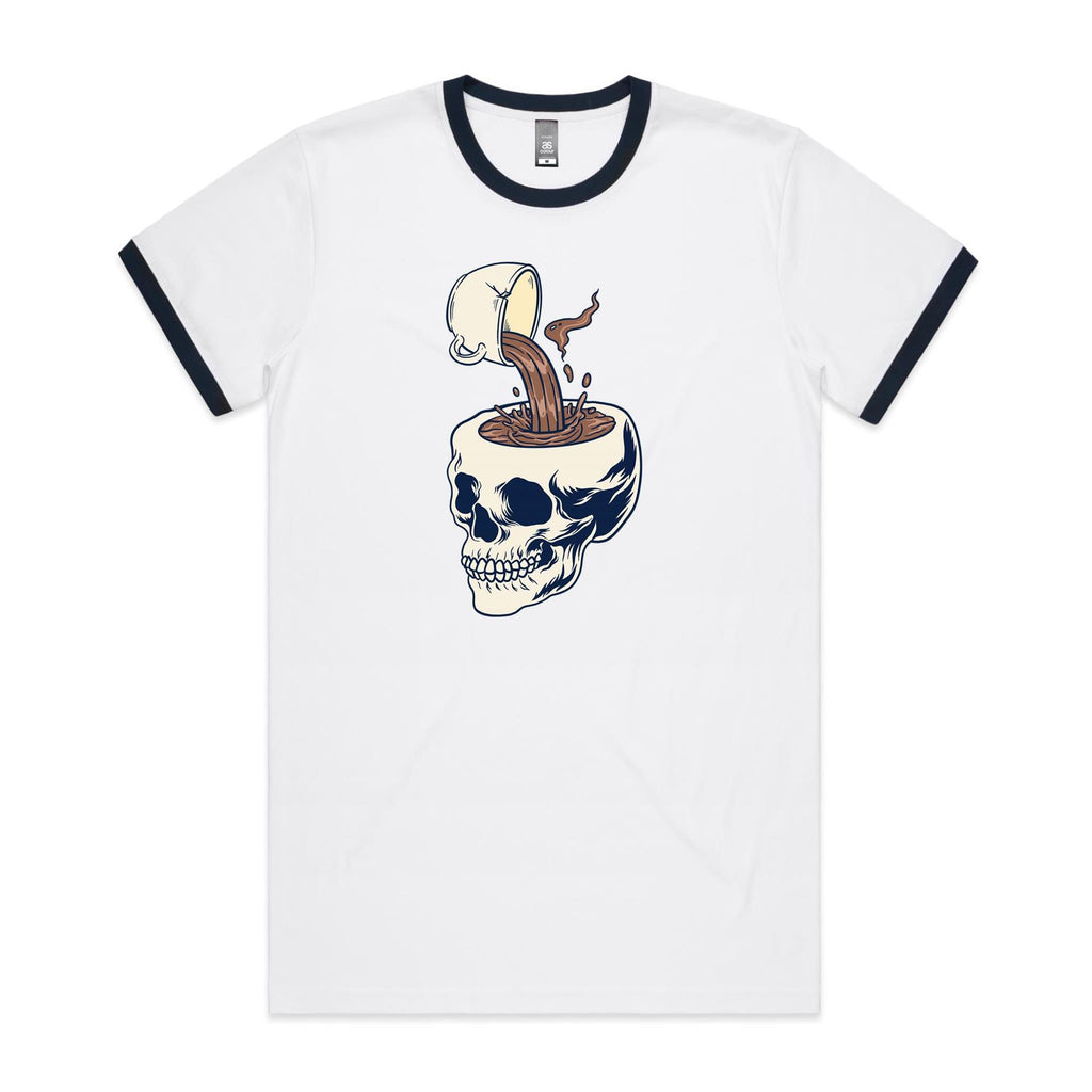 Coffee Skull - Staple Ringer Tee White Navy Ringer T-Shirt Coffee Printed In Australia