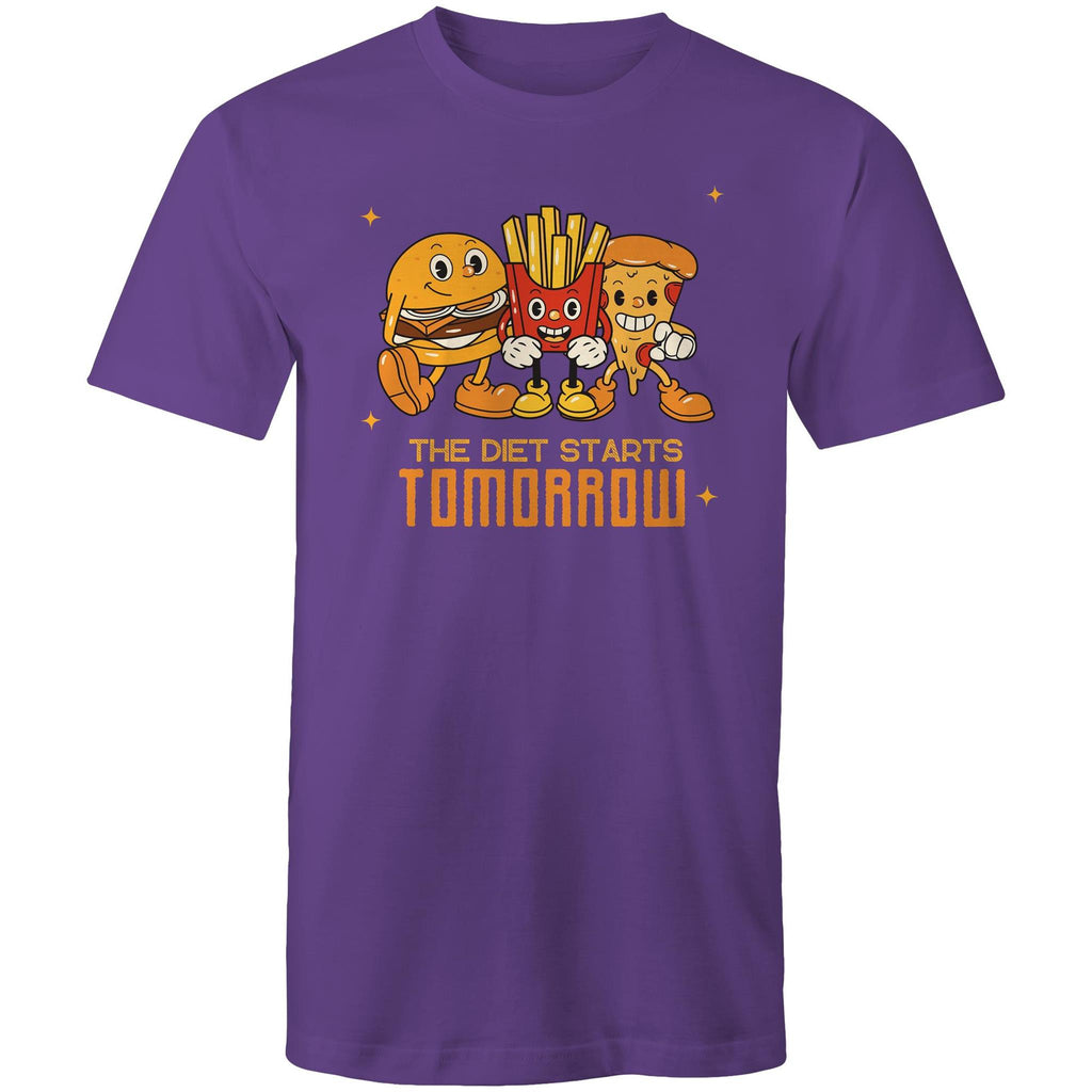 The Diet Starts Tomorrow, Hamburger And Fries - Mens T-Shirt Purple Mens T-shirt Food Printed In Australia