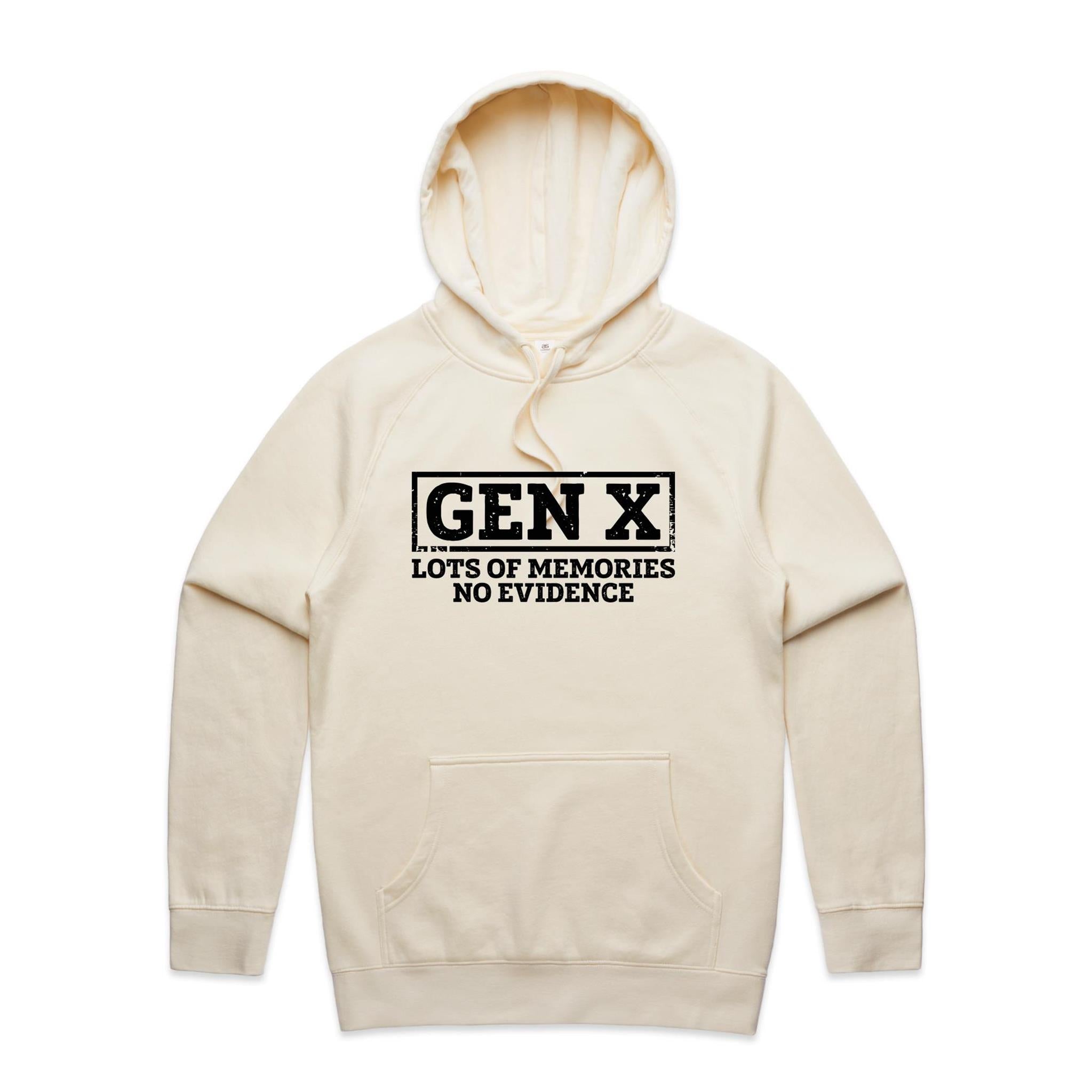 Gen X, Lots Of Memories, No Evidence Men's AS Colour Hoodie Ecru Mens Hoodie Printed In Australia