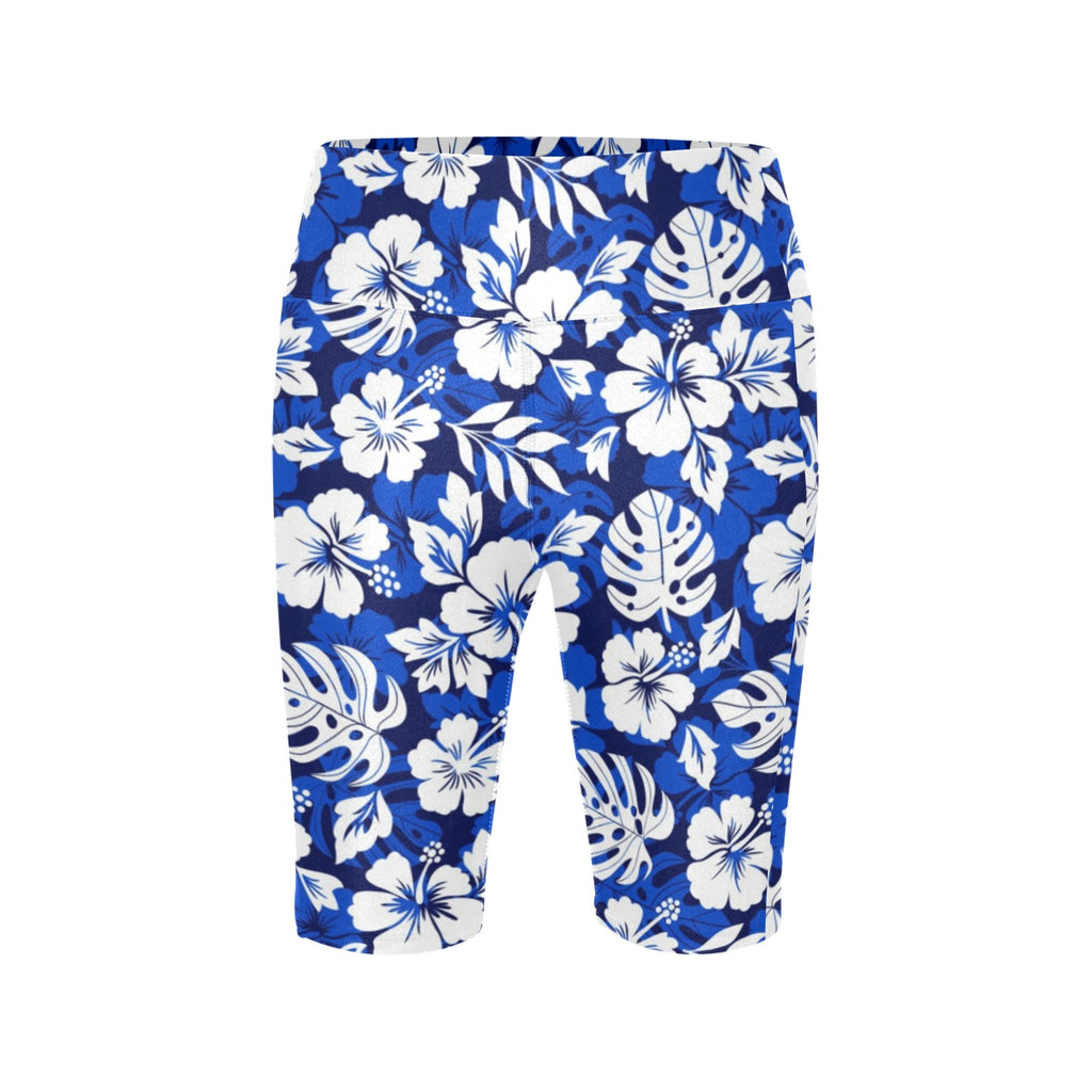 Blue Hawaiian Floral Women's Bike Shorts With Side Pockets Women's Bike Shorts Plants Printed Offshore