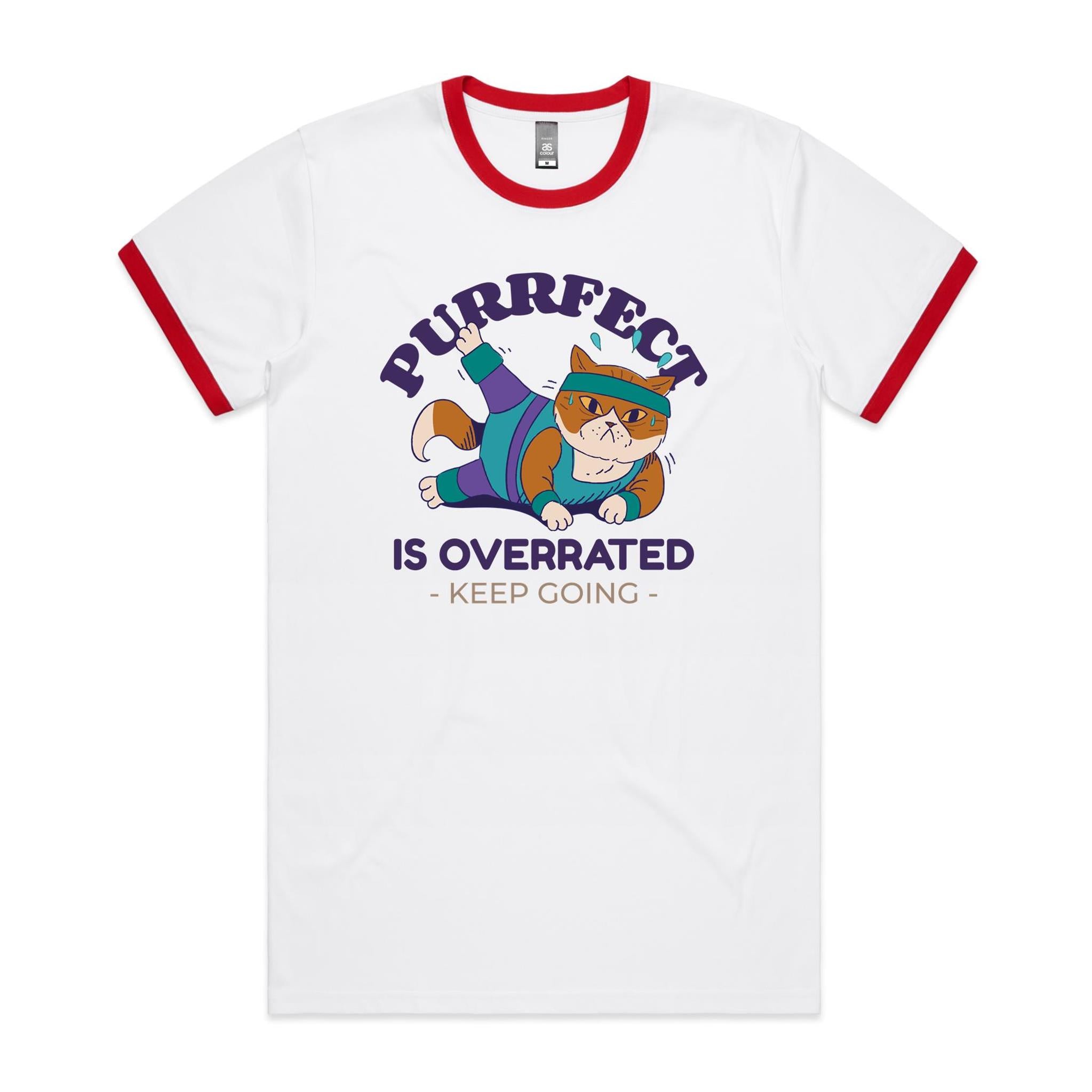 Purrfect Is Overrated, Cat - Staple Ringer Tee White Red Ringer T-Shirt animal Printed In Australia